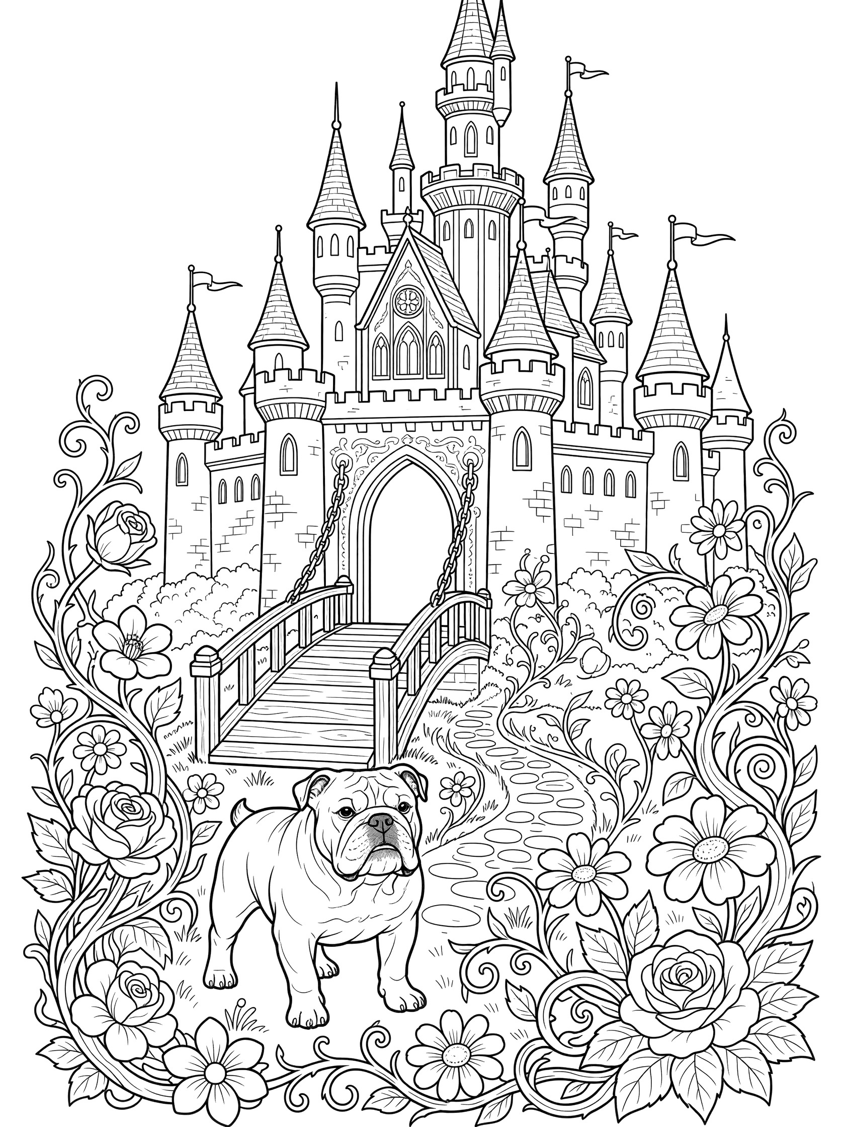 Black and white coloring page of a bulldog facing a fairy tale castle with tall towers, flags, lowered drawbridge, vines and flowers
