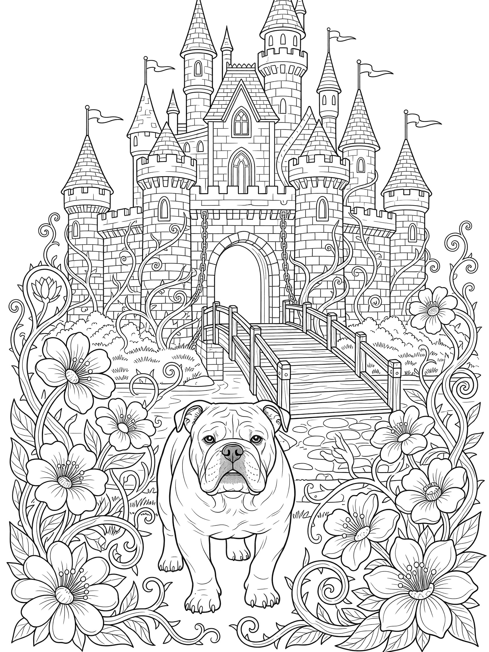 Black and white line art coloring page showing a bulldog facing a large fairy tale castle with multiple towers, flags on top, open drawbridge, stone bridge, and surrounding vines and flowers.