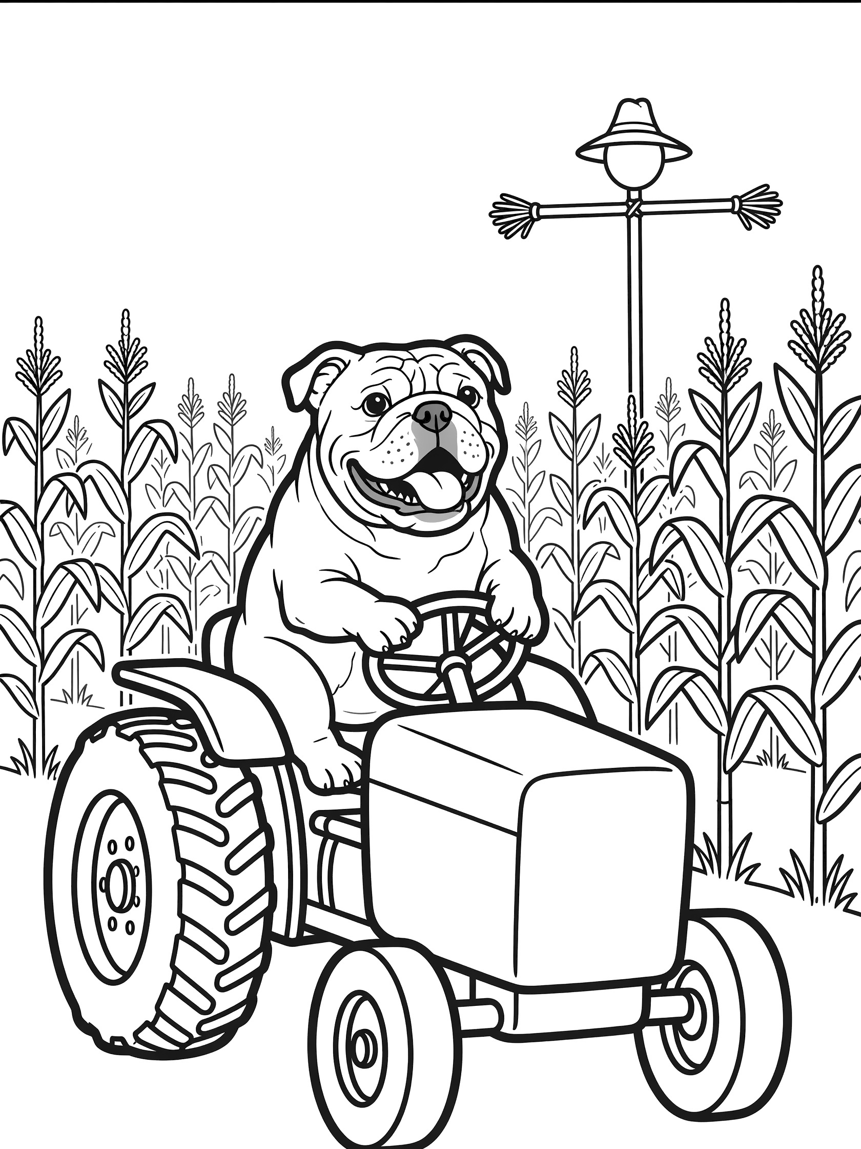 Black and white line art coloring page showing a bulldog sitting on a tractor holding the steering wheel, surrounded by tall cornstalks and a scarecrow in the field.