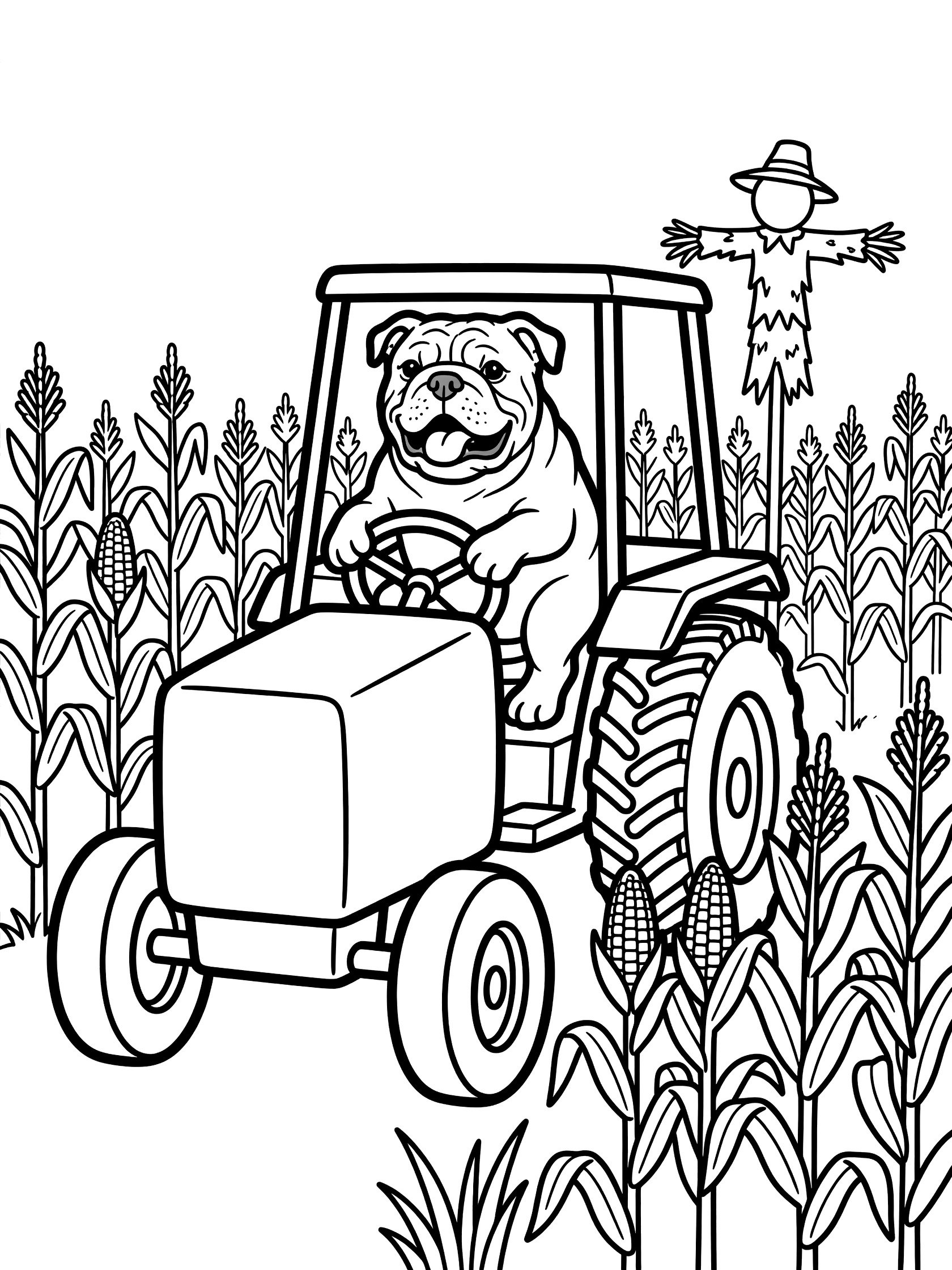 Black and white line art coloring page showing a happy bulldog gripping the steering wheel of a tractor in a field of tall cornstalks with a scarecrow standing nearby.