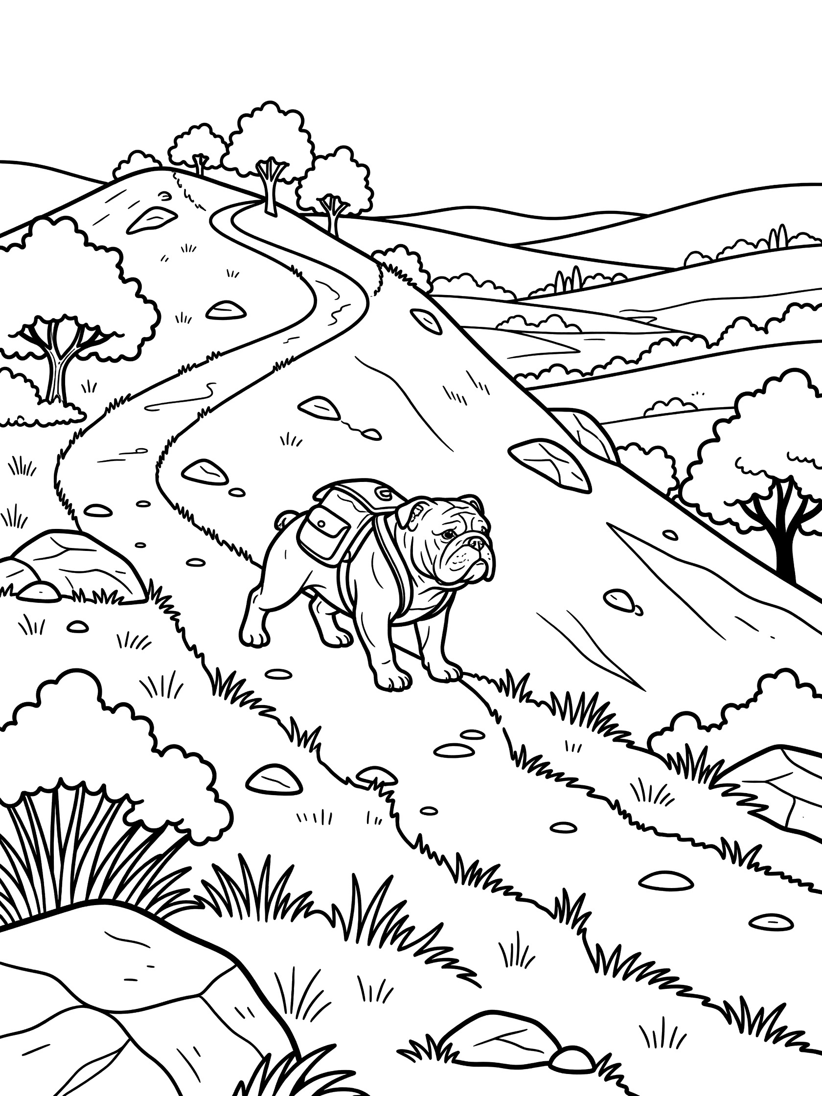 Black and white line art coloring page showing a bulldog wearing a backpack hiking up a winding grassy path on a hill, with rocks, grass, trees and a valley below.