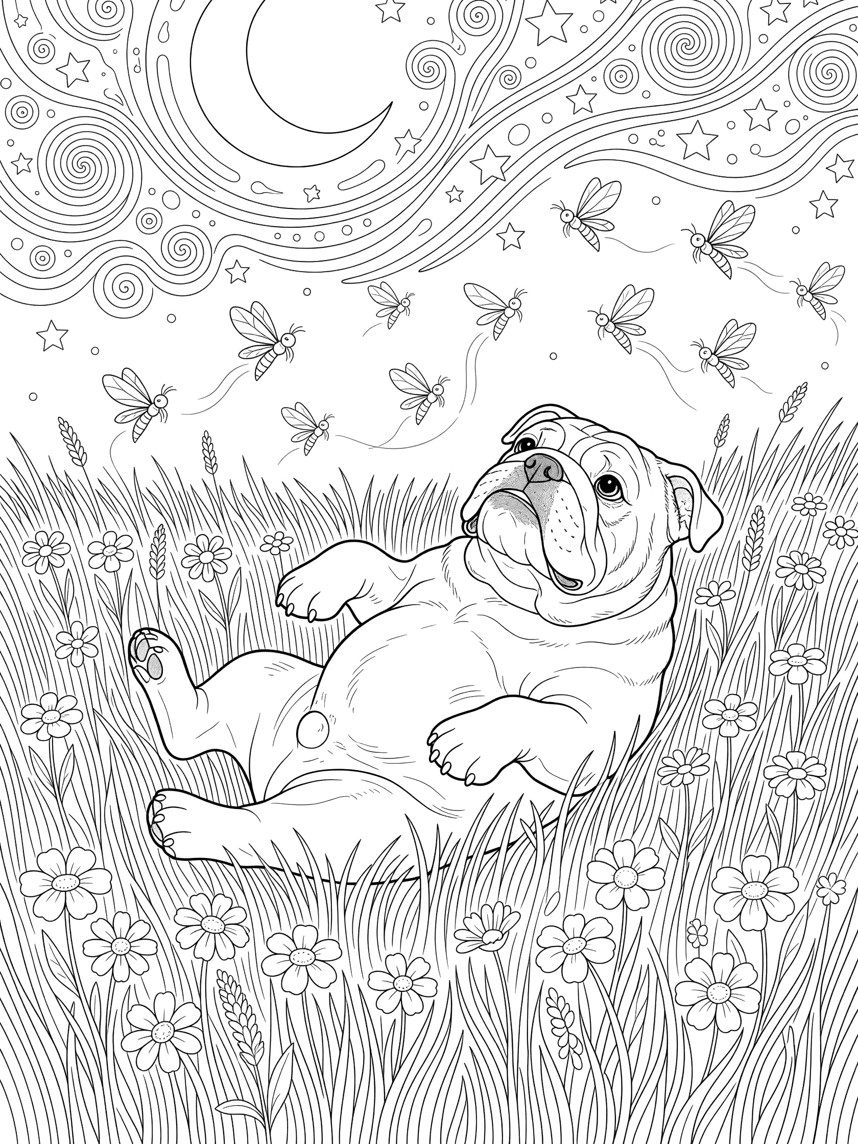 Black and white line art coloring page showing a bulldog puppy on its back in grass under a crescent moon with swirling stars and floating fireflies