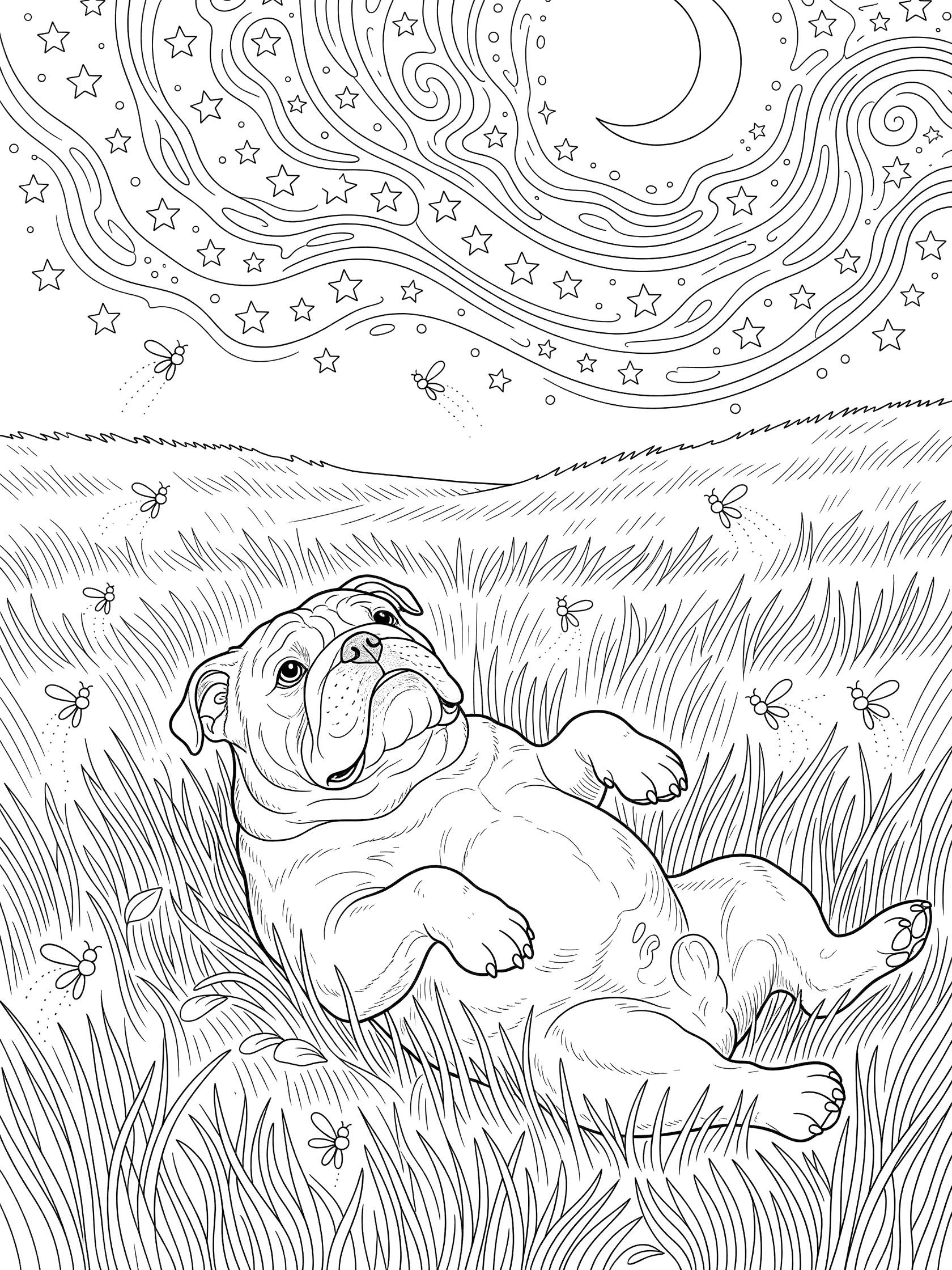 Black and white line art coloring page showing a bulldog puppy on its back in tall grass, looking up at a crescent moon, swirling stars, and floating fireflies in a night field.