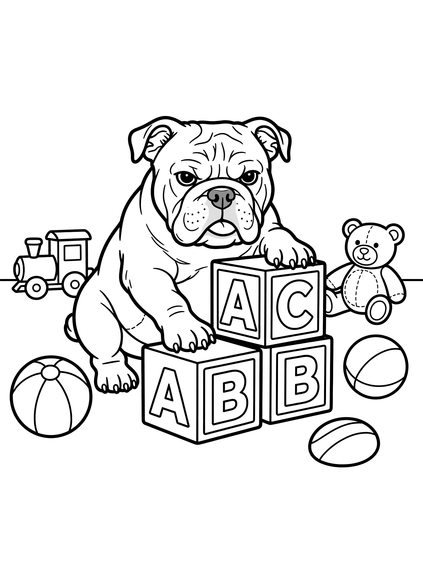 Black and white line art coloring page showing a bulldog puppy sitting and stacking large ABC alphabet blocks, surrounded by teddy bear, toy train, and balls on the floor.