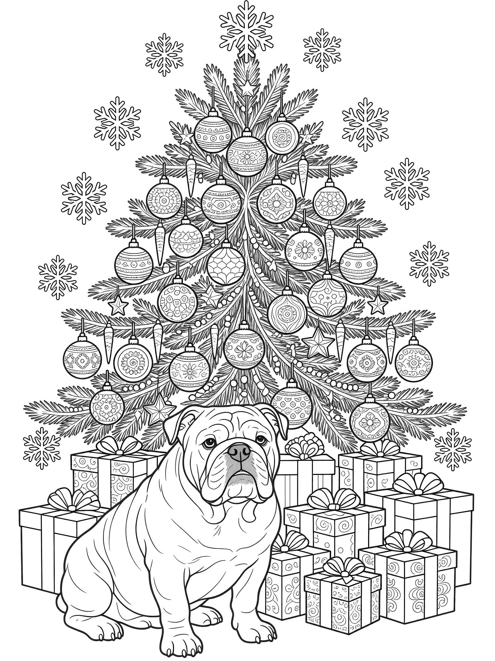 Black and white line art coloring page showing a bulldog sitting in front of a tall Christmas tree with ornaments and branches, surrounded by stacked gift boxes and falling snowflakes.