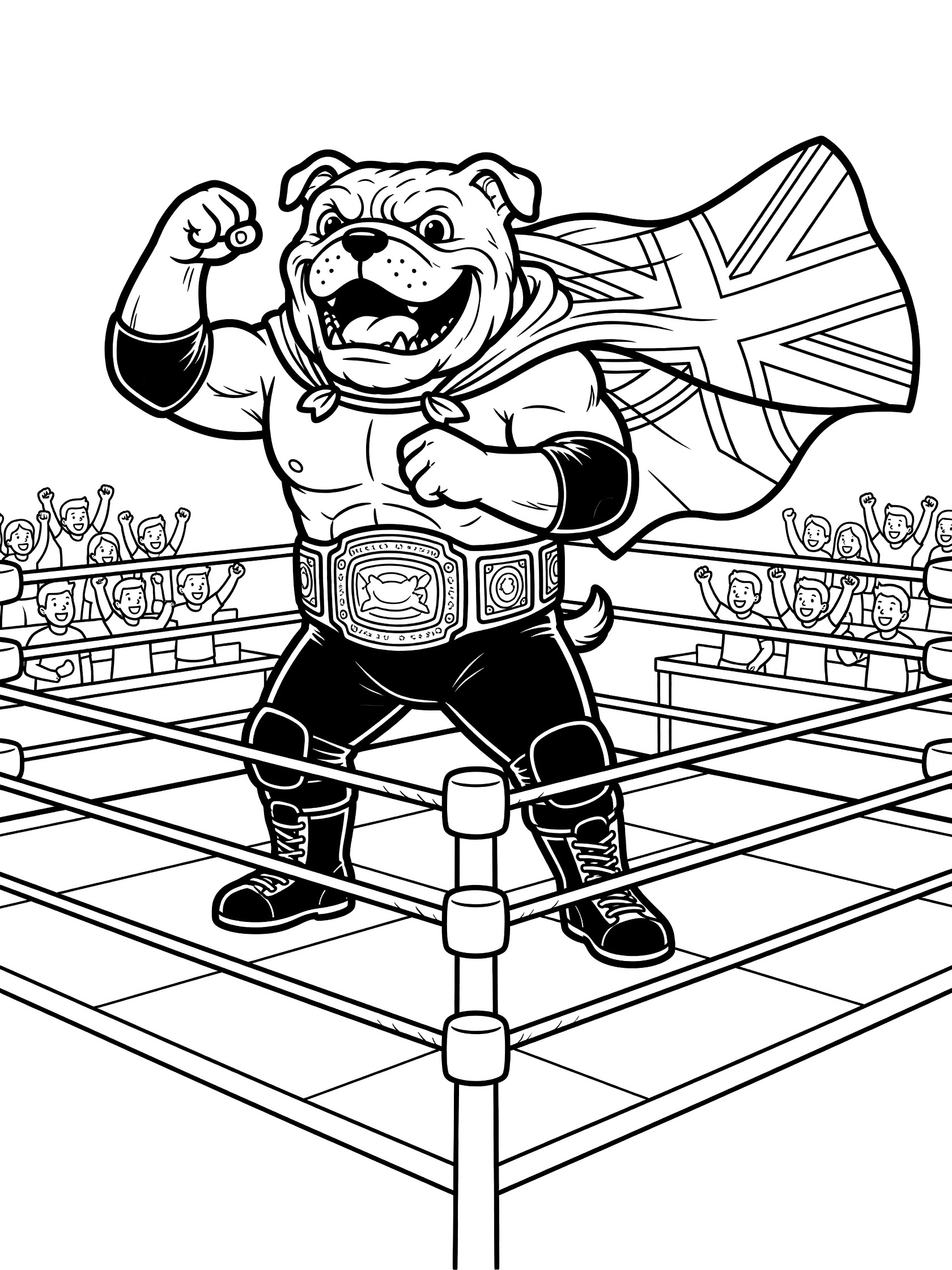 Black and white line art coloring page of a muscular bulldog dressed as a wrestler, flexing in a square ring with ropes, wearing a belt and cape with British flag.