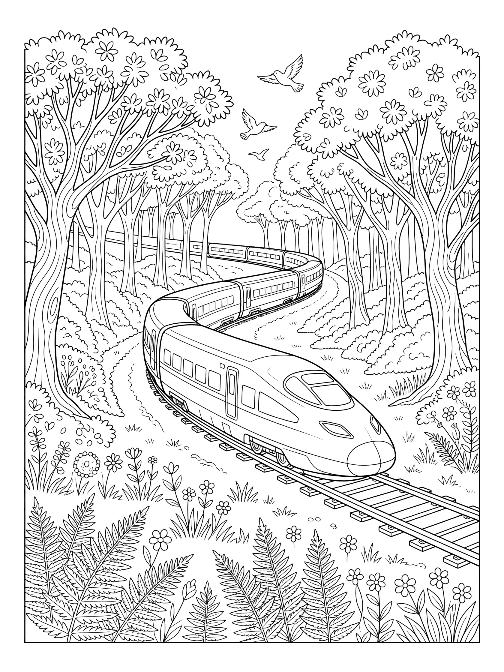 Line art coloring page showing a bullet train speeding on curving tracks through a lush forest with trees, ferns, flowers, and flying birds. Bullet Trains themed black and white printable line art