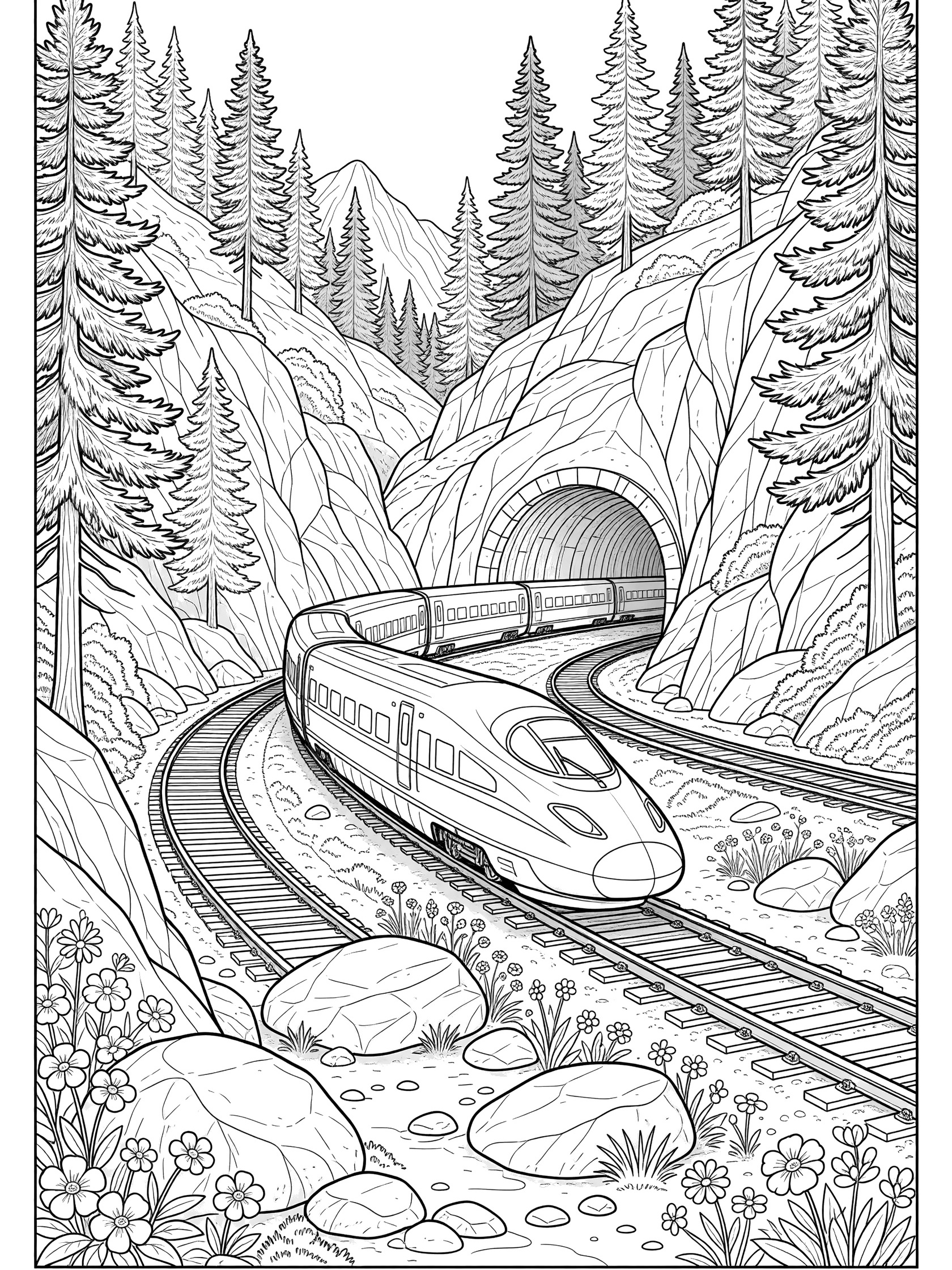 Black-and-white coloring page of a bullet train emerging from a mountain tunnel amid pine trees and rocky cliffs. Bullet Trains themed black and white printable line art