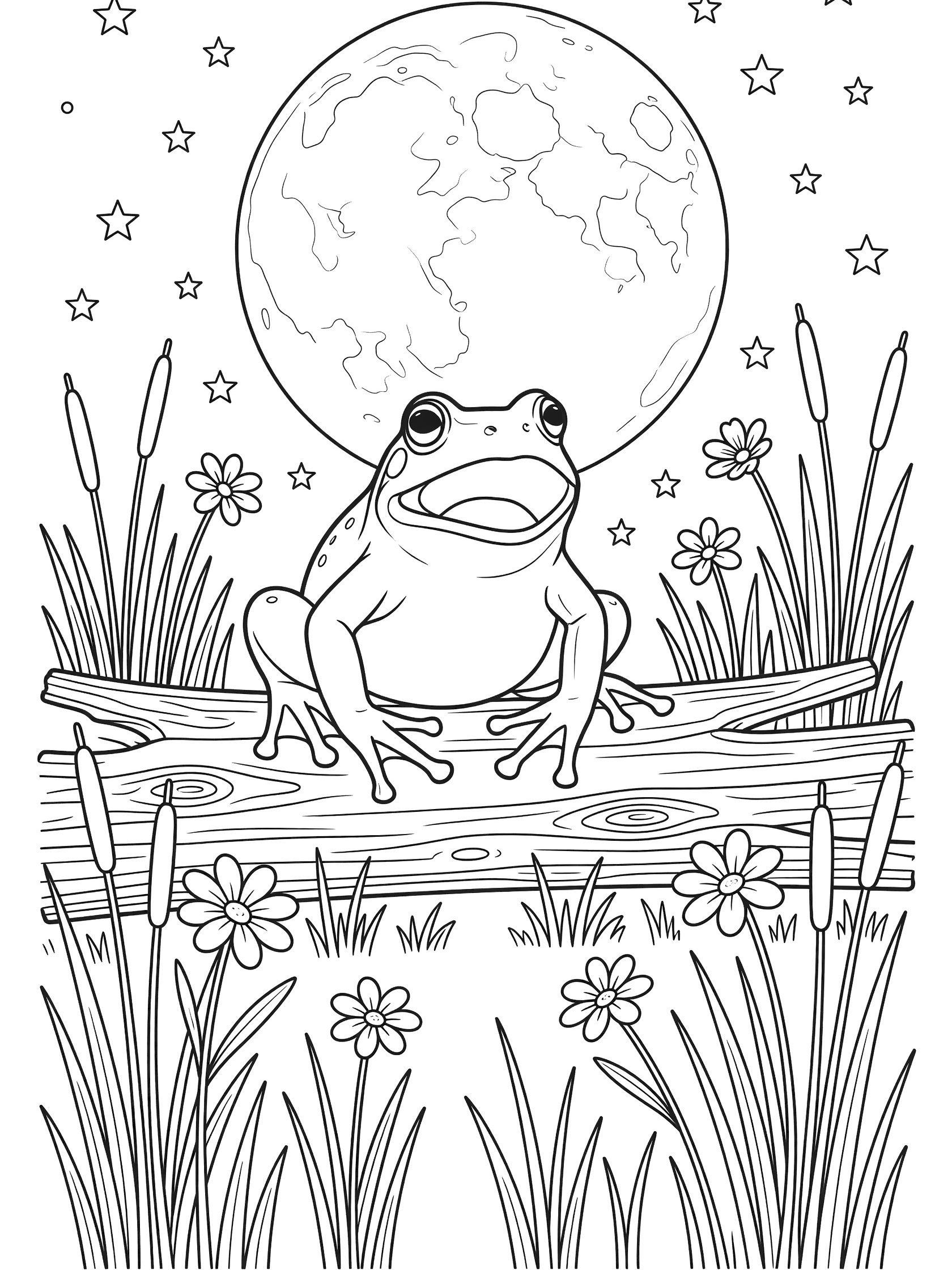 Printable coloring page showing a bullfrog on a log under a large moon and stars, surrounded by reeds and night flowers, clean line art.