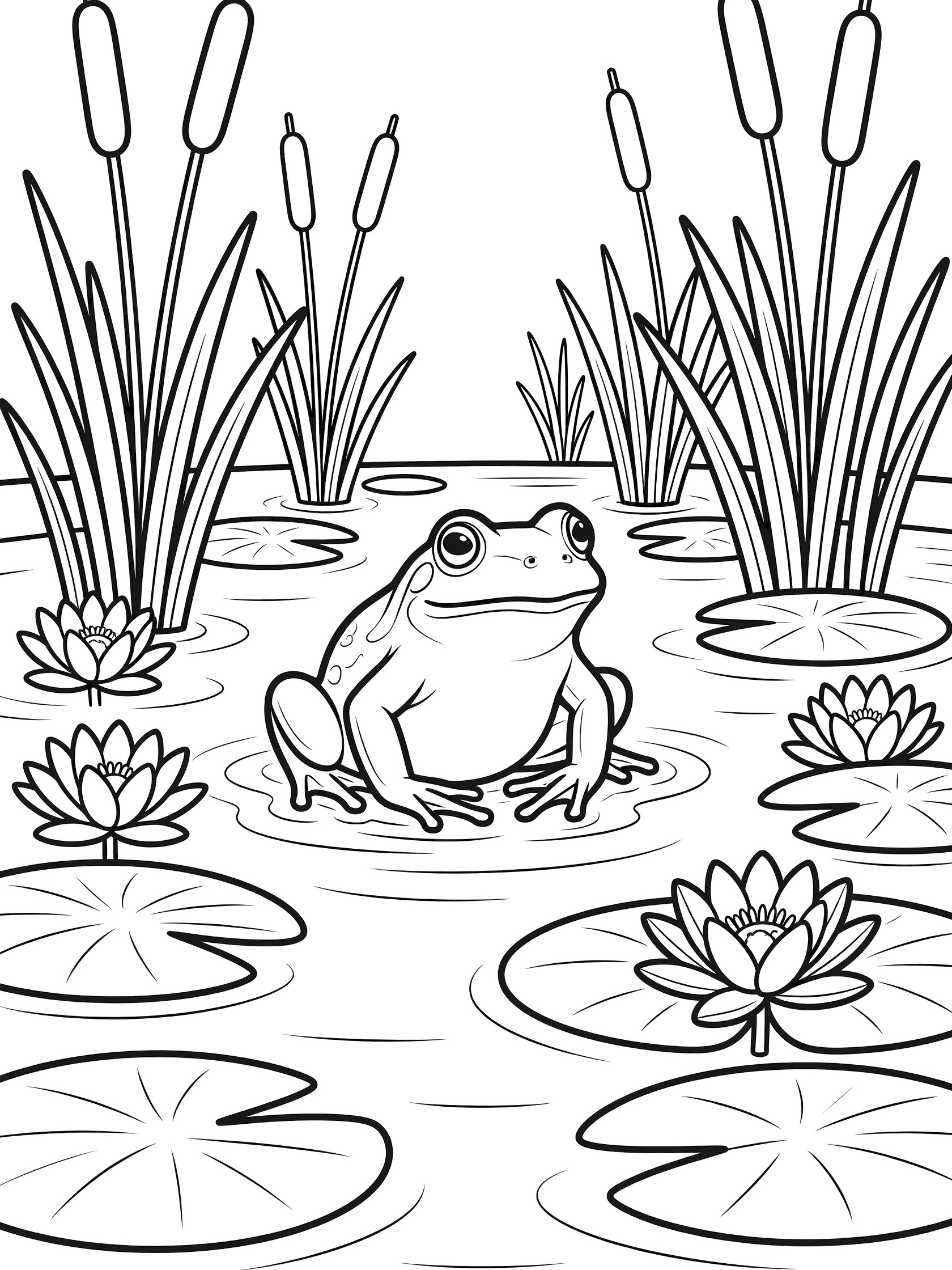 Printable coloring page showing a bullfrog on lily pads surrounded by cattails and water reeds