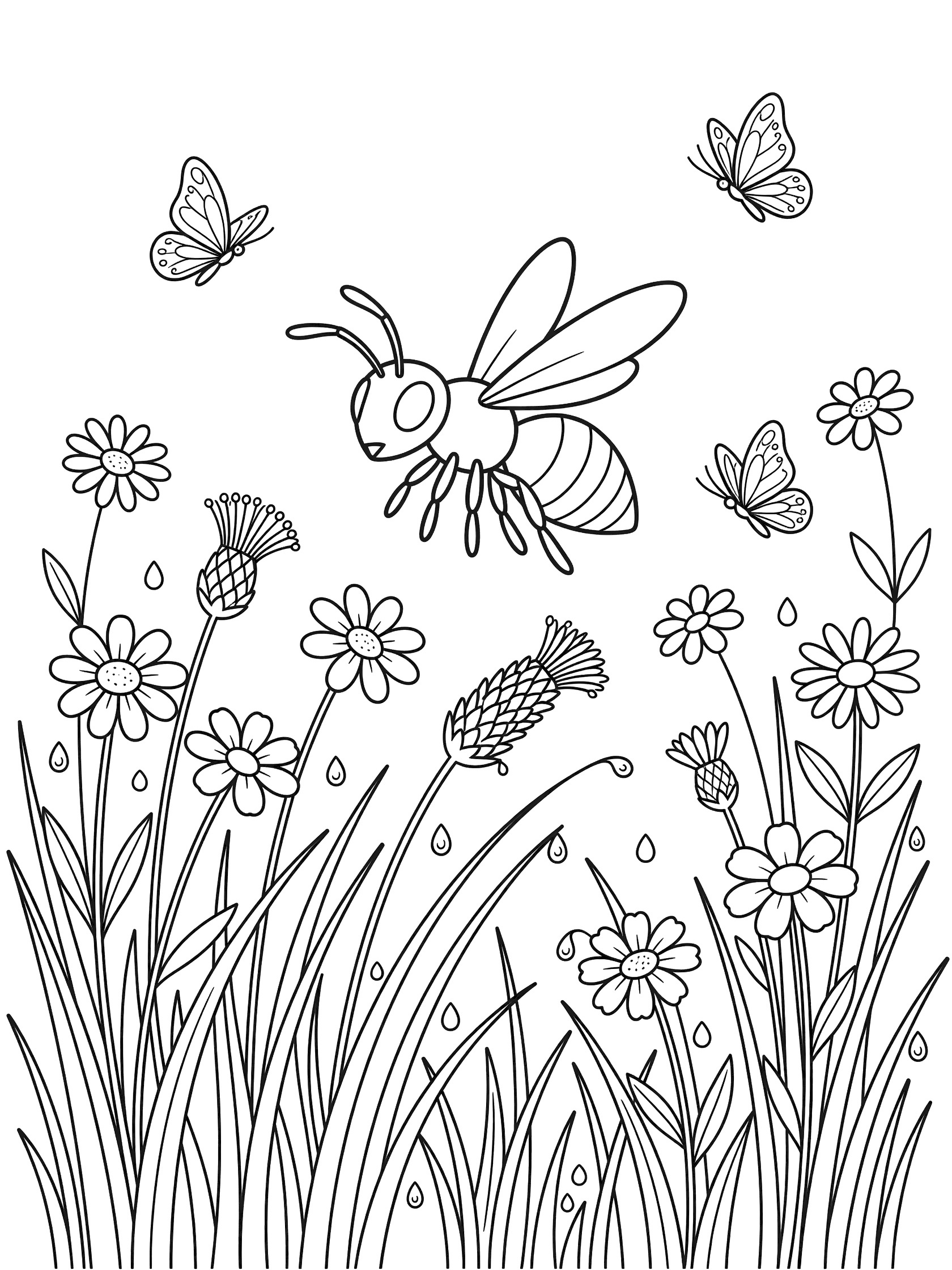 Printable coloring page showing a cartoon bumblebee hovering above tall grass, daisies, thistles, and butterflies in a meadow. Wasp themed black and white printable line art