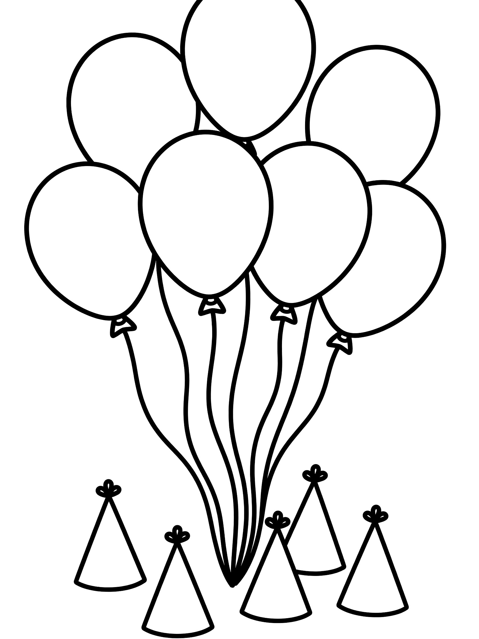Black and white line art coloring page showing seven large balloons floating up with ribbons and several party hats on the ground below