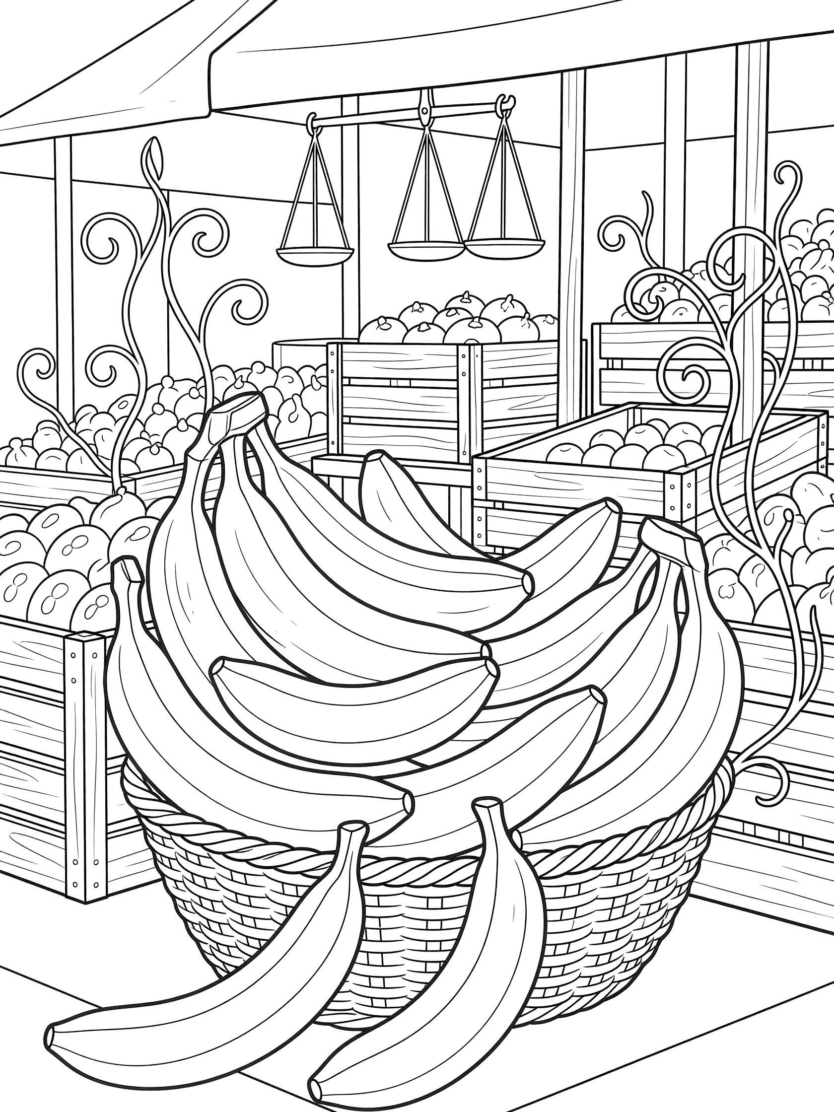 Black and white coloring page showing a generous bunch of bananas overflowing from a woven basket, with market stall details like scales and crates in the background.