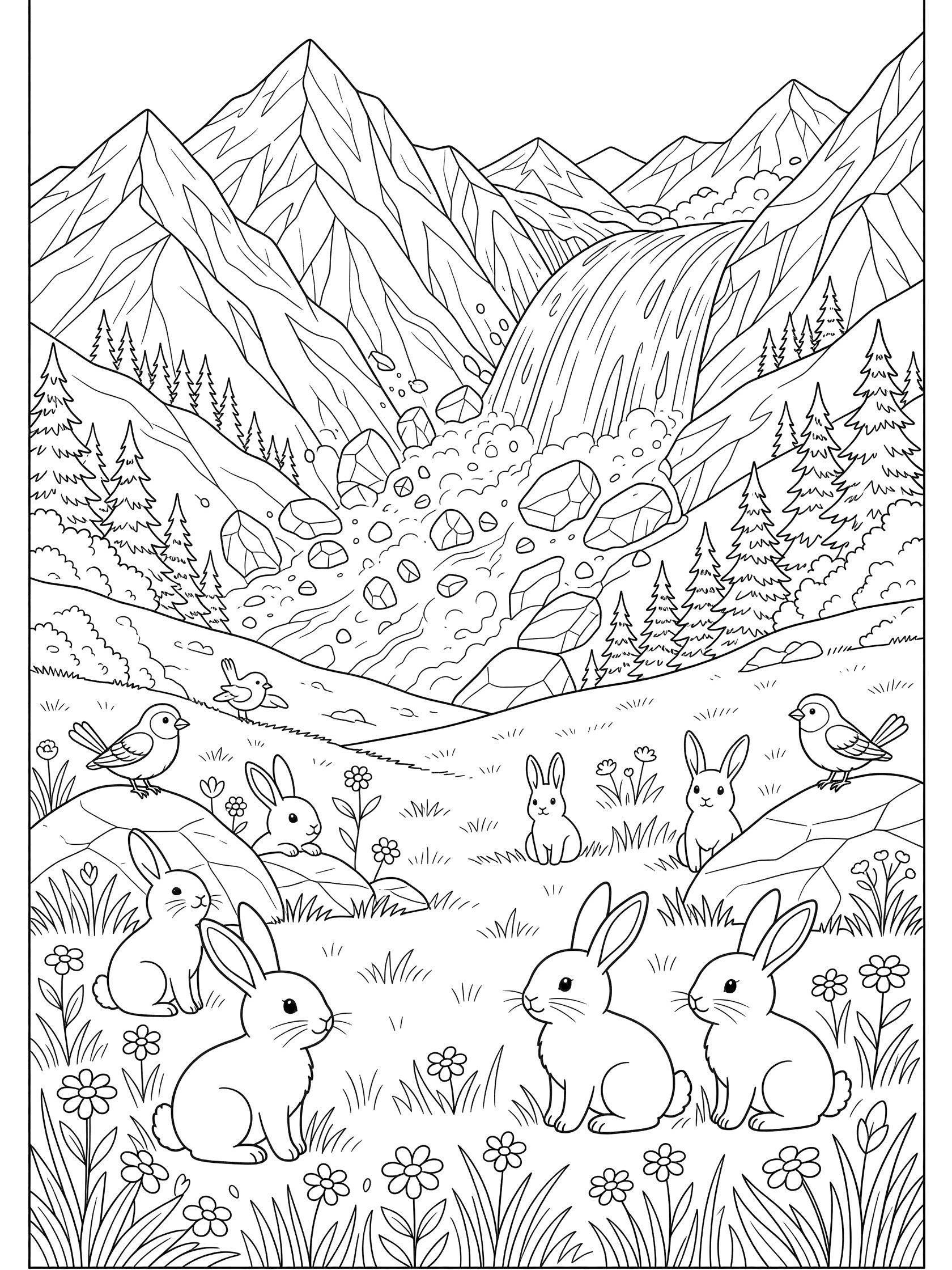 Black and white line art coloring page showing several cute rabbits and small birds in a grassy meadow with flowers, surrounded by pine trees and rocky mountains with a flowing waterfall. Avalanche themed black and white printable line art