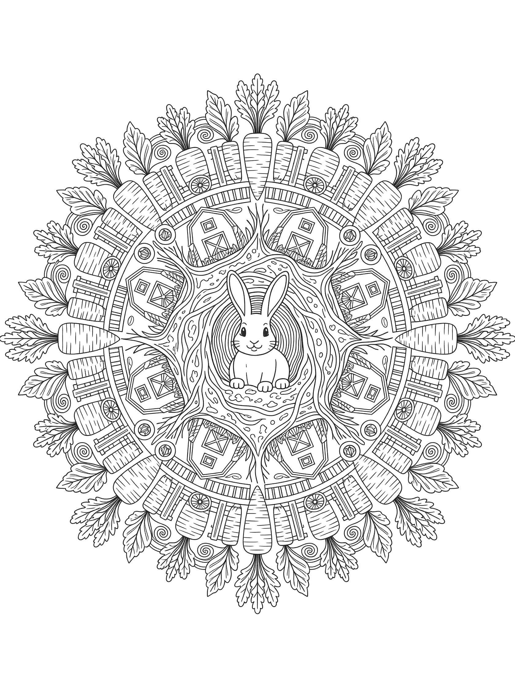Black and white mandala coloring page featuring a central rabbit with symmetrical carrot and leaf patterns around it. Rabbits themed black and white printable line art