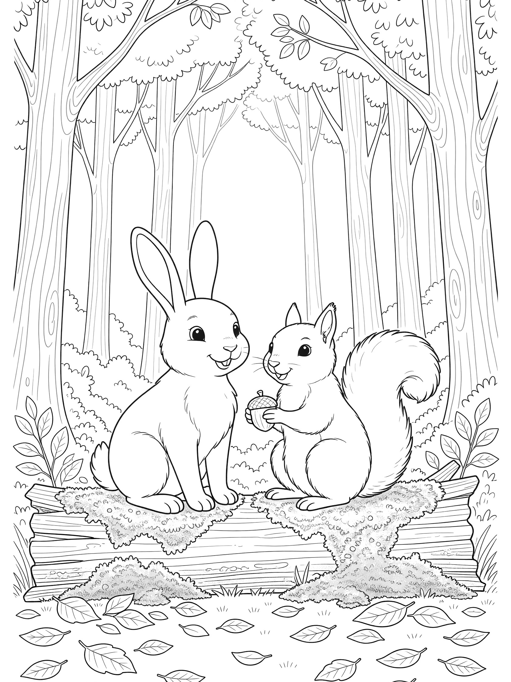 Black and white line art coloring page showing a smiling bunny and squirrel on a mossy log surrounded by tall trees and leaves in a forest scene