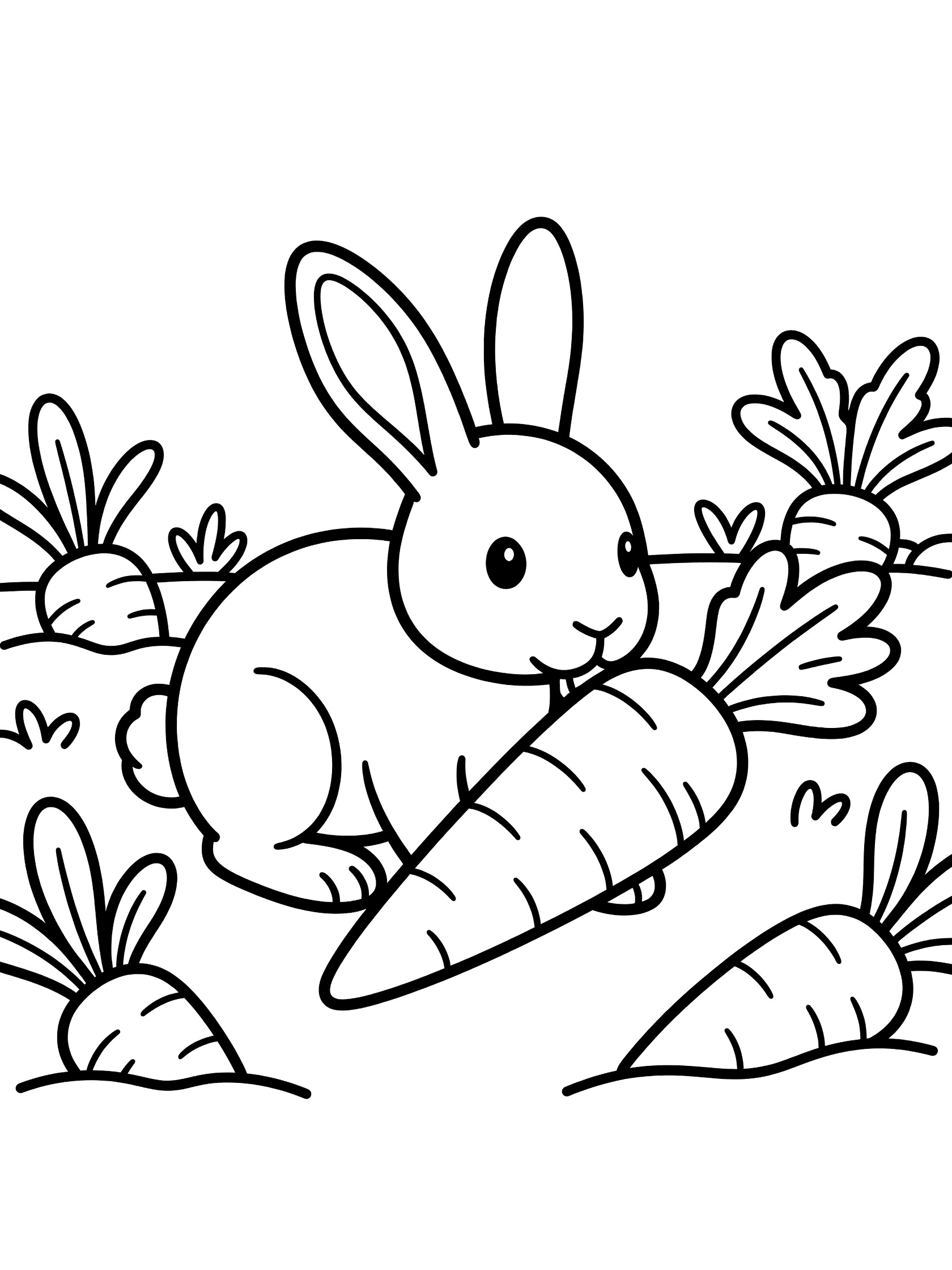 Printable coloring page showing a rabbit eating a large carrot surrounded by carrots and green leaves in a simple garden patch. Rabbits themed black and white printable line art