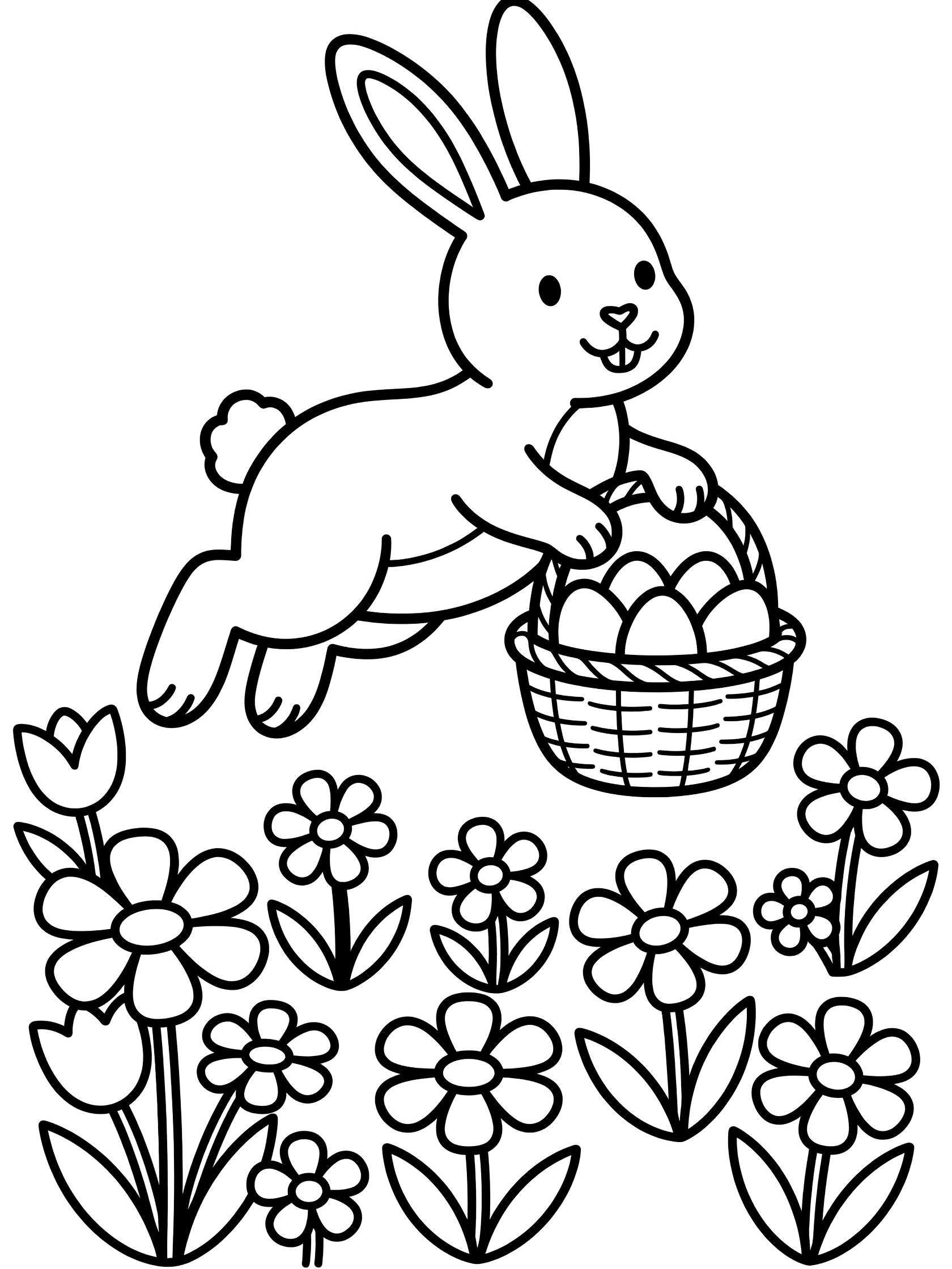 Black and white line art coloring page showing a cheerful bunny jumping while holding a basket filled with eggs, surrounded by tulip flowers. Easter Bunny Puns themed black and white printable line art