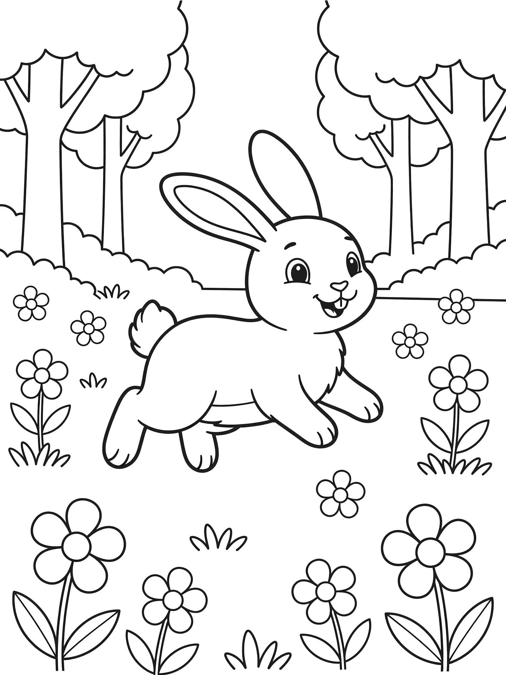 Black and white line art coloring page showing a playful bunny with big ears and fluffy tail hopping in a forest clearing surrounded by simple trees and scattered flowers. Rabbit themed black and white printable line art