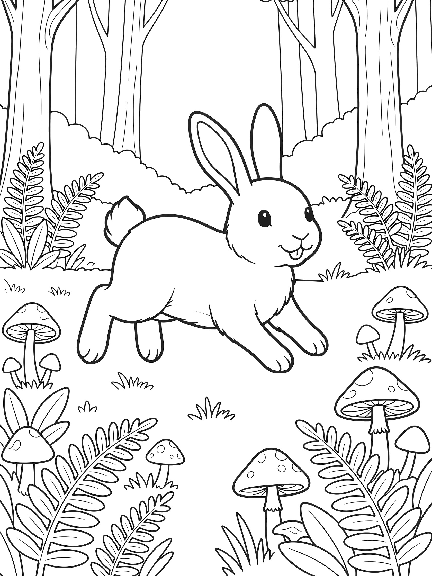 Black and white line art coloring page showing a cheerful bunny rabbit hopping in a forest clearing surrounded by tall trees, ferns, and mushrooms.