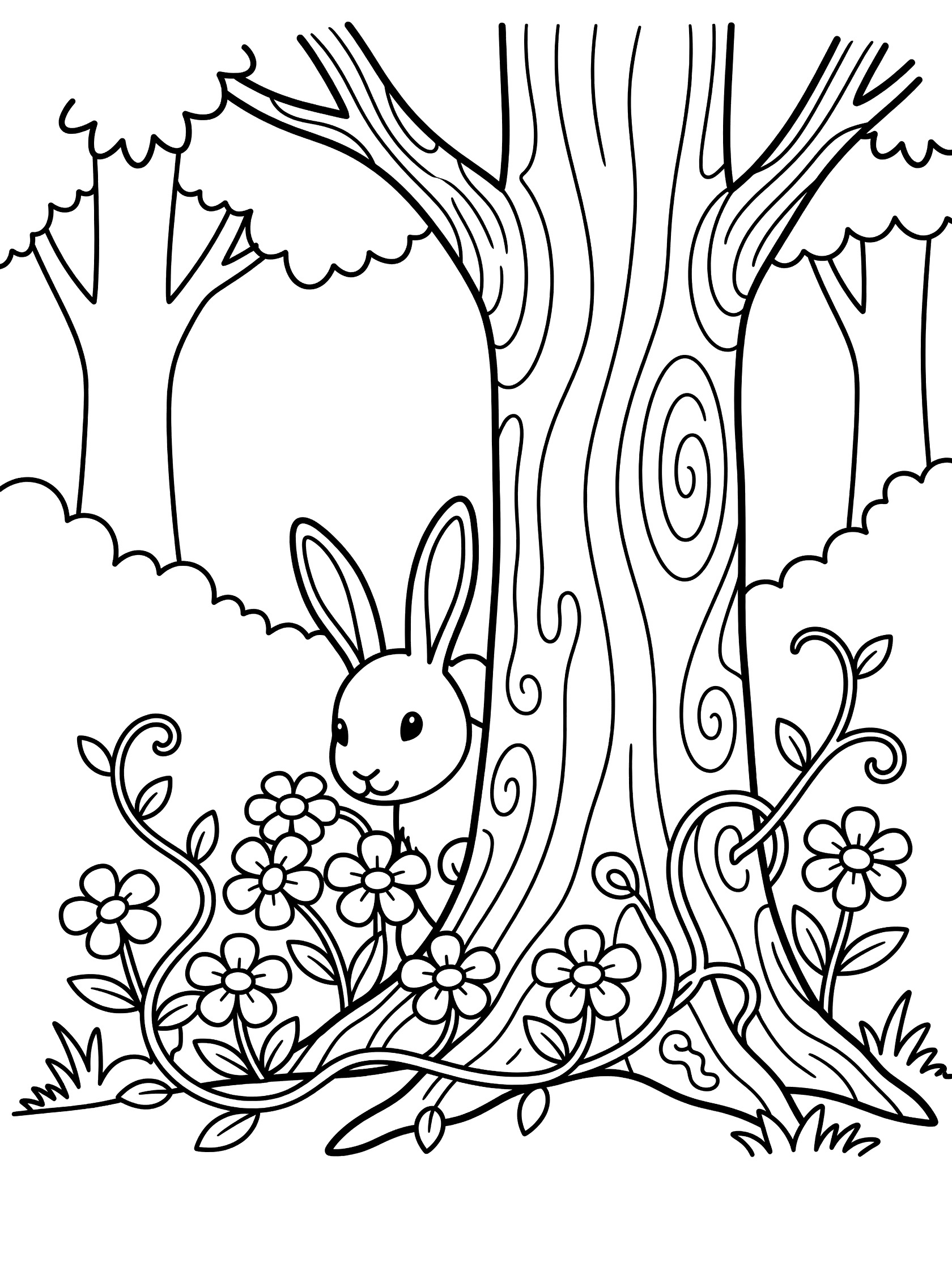 Black and white line art coloring page showing a cute bunny peeking out from behind a large tree trunk surrounded by flowers and vines in a forest setting. Rabbit themed black and white printable line art