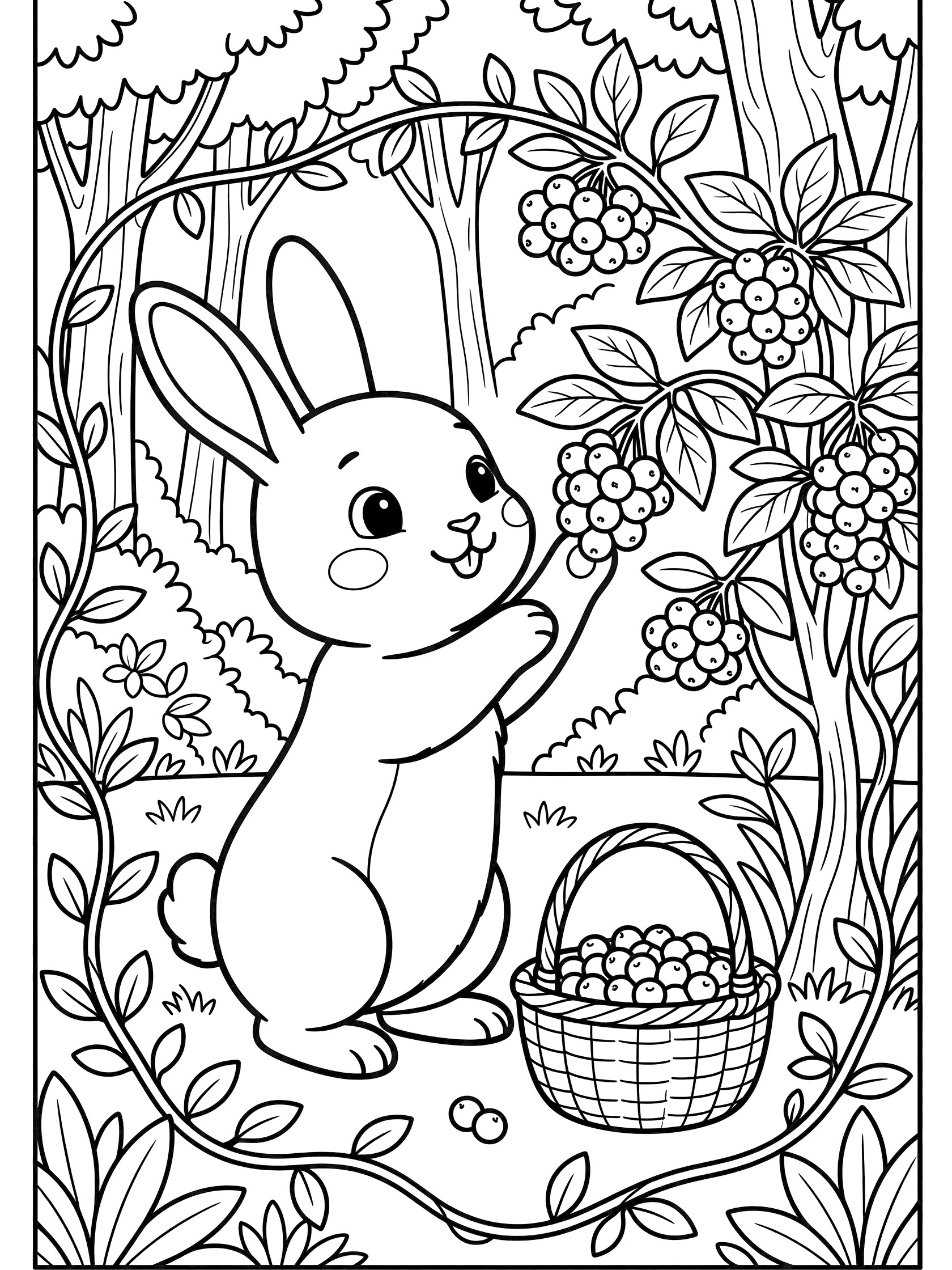 Adorable rabbit on hind legs reaching for berry clusters on a bush, with a woven basket of berries nearby, surrounded by forest trees, vines, leaves, and small flowers in clean line art style.