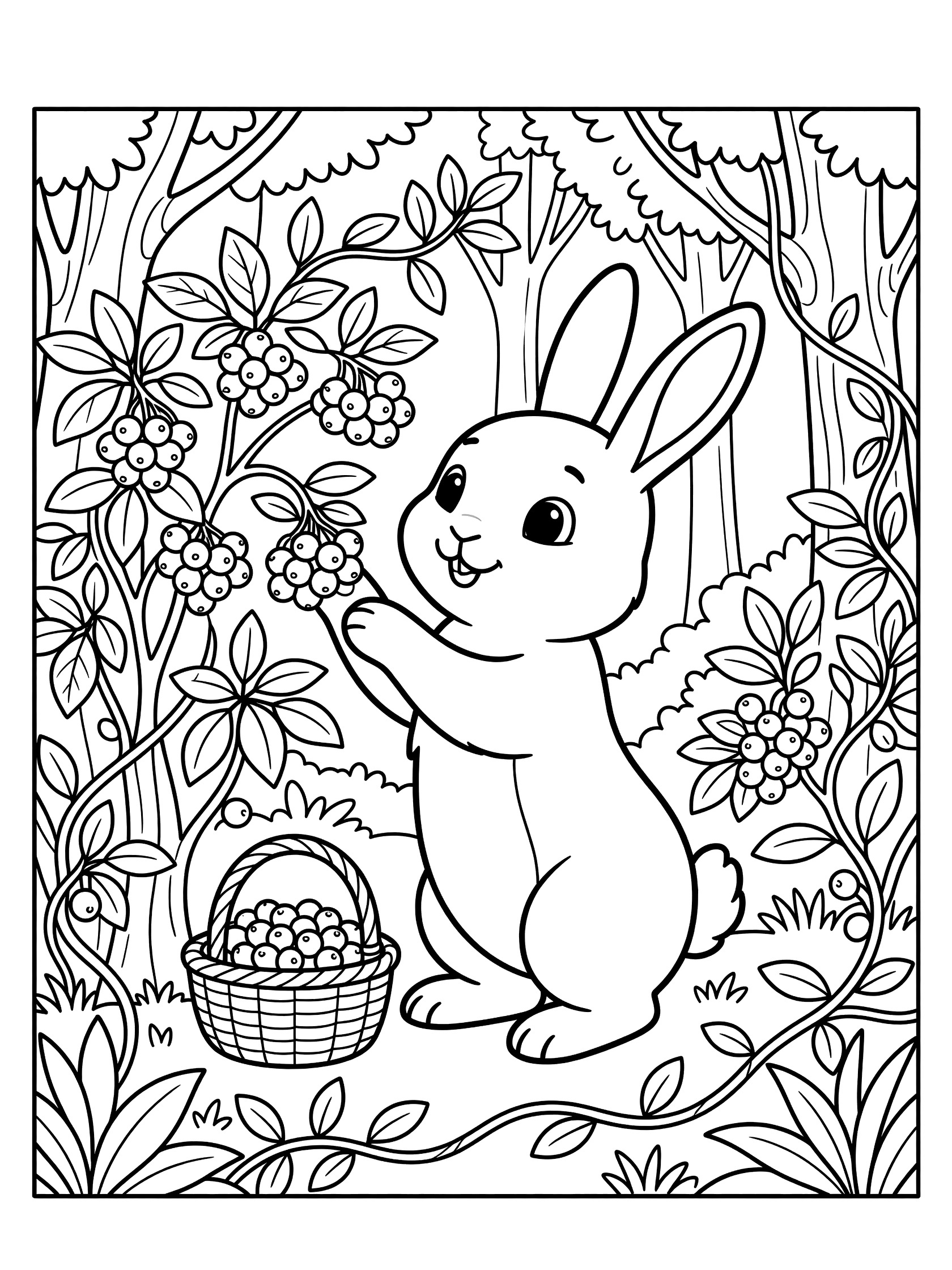 Cute bunny standing on hind legs picking berries from bush, holding basket, surrounded by forest leaves and vines, coloring page. Rabbit themed black and white printable line art