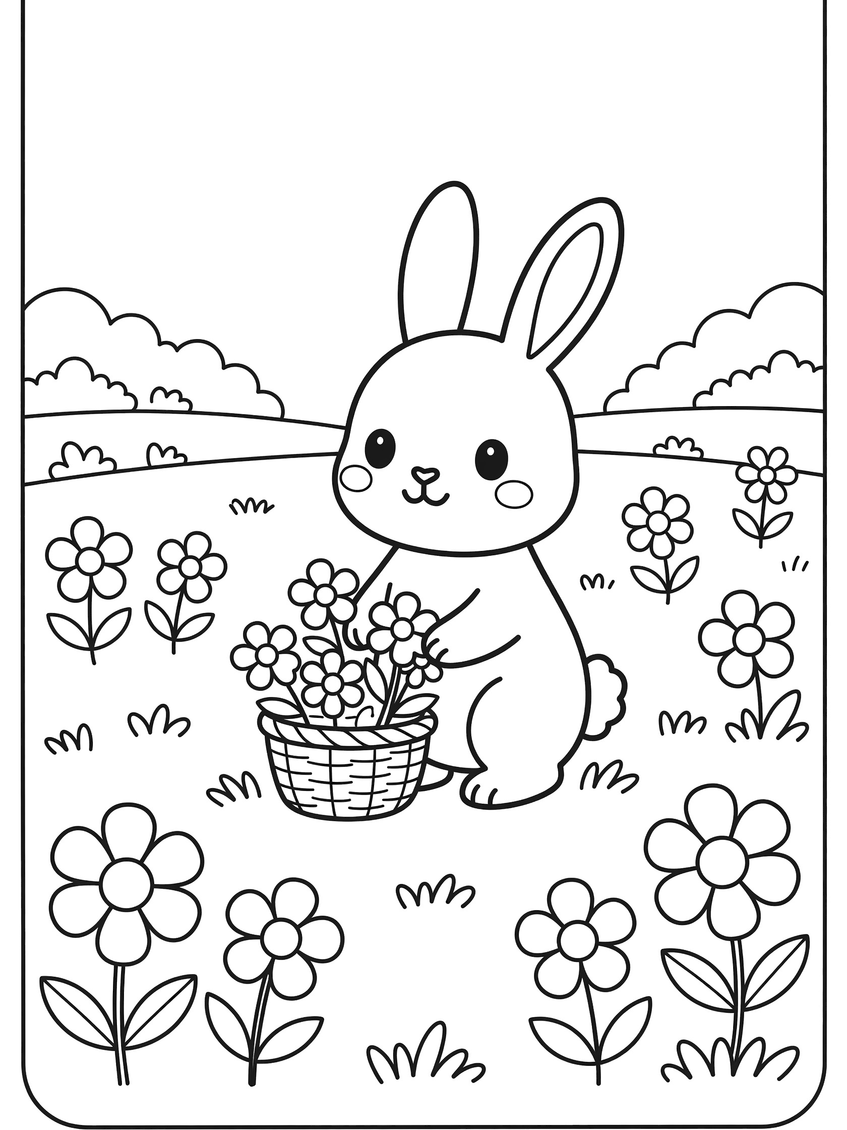 Black and white line art coloring page showing a kawaii bunny standing on hind legs holding a basket full of flowers surrounded by flowers and grass in a meadow. Rabbits themed black and white printable line art