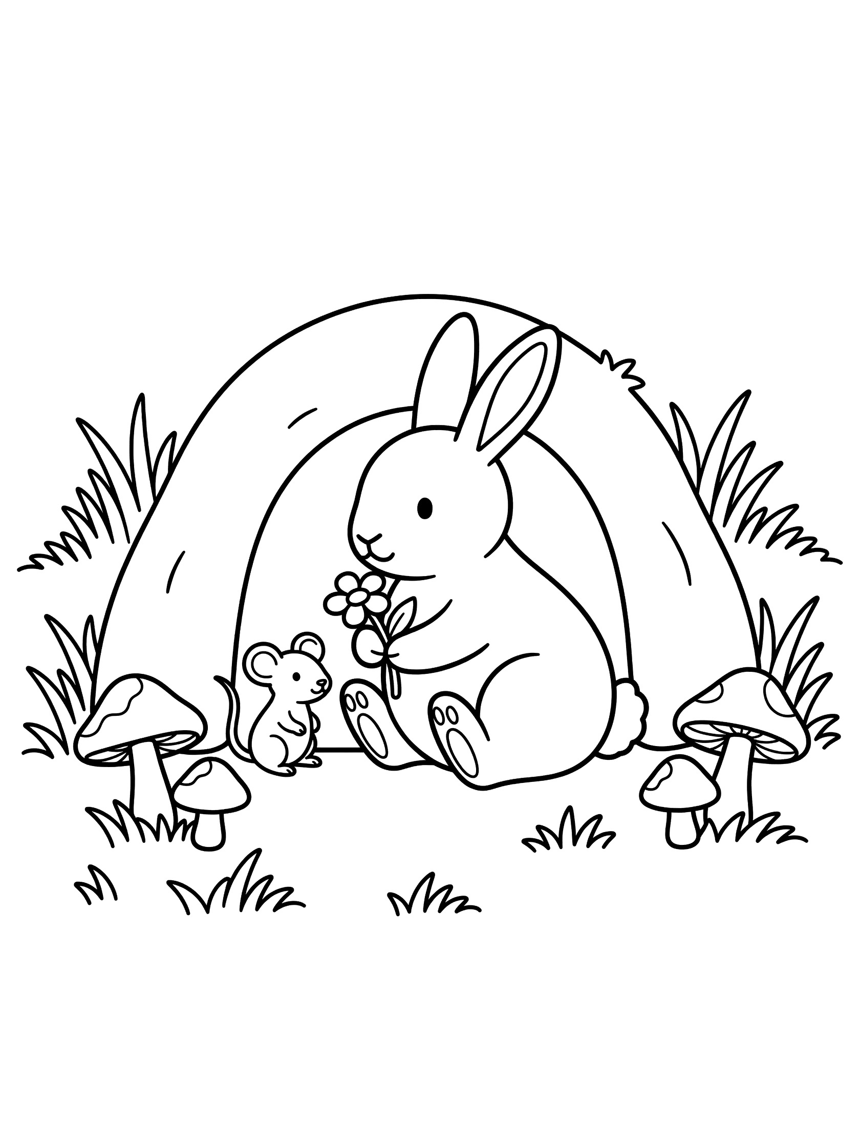 Printable coloring page showing a cute bunny rabbit relaxing inside a burrow entrance with grass and mushrooms, holding a flower, and a small mouse peeking nearby. Clean line art.