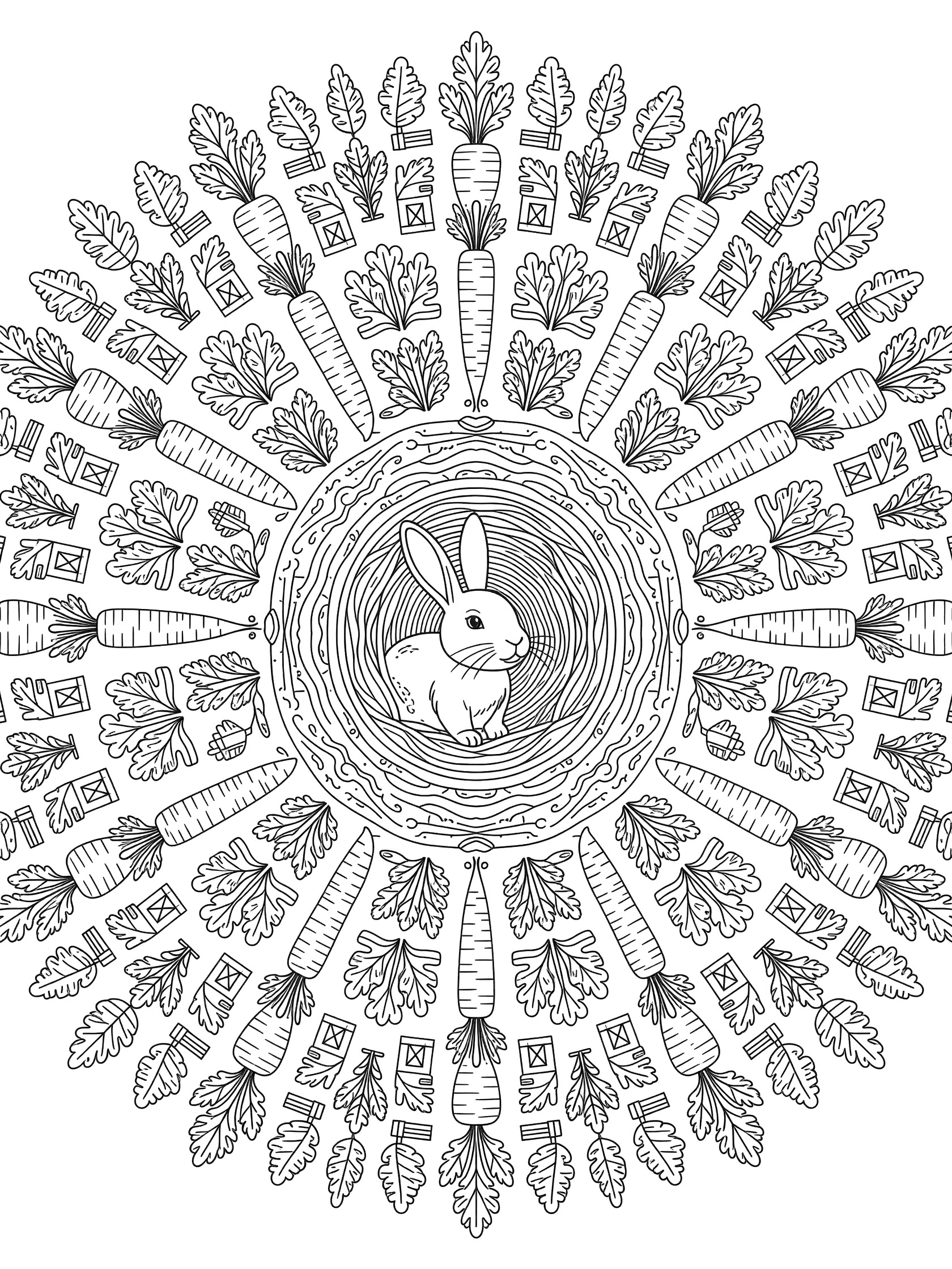 Black and white line art coloring page of a cute bunny rabbit in a circular nest made of carrots and leaves, arranged in a mandala pattern with symmetrical details. Rabbits themed black and white printable line art