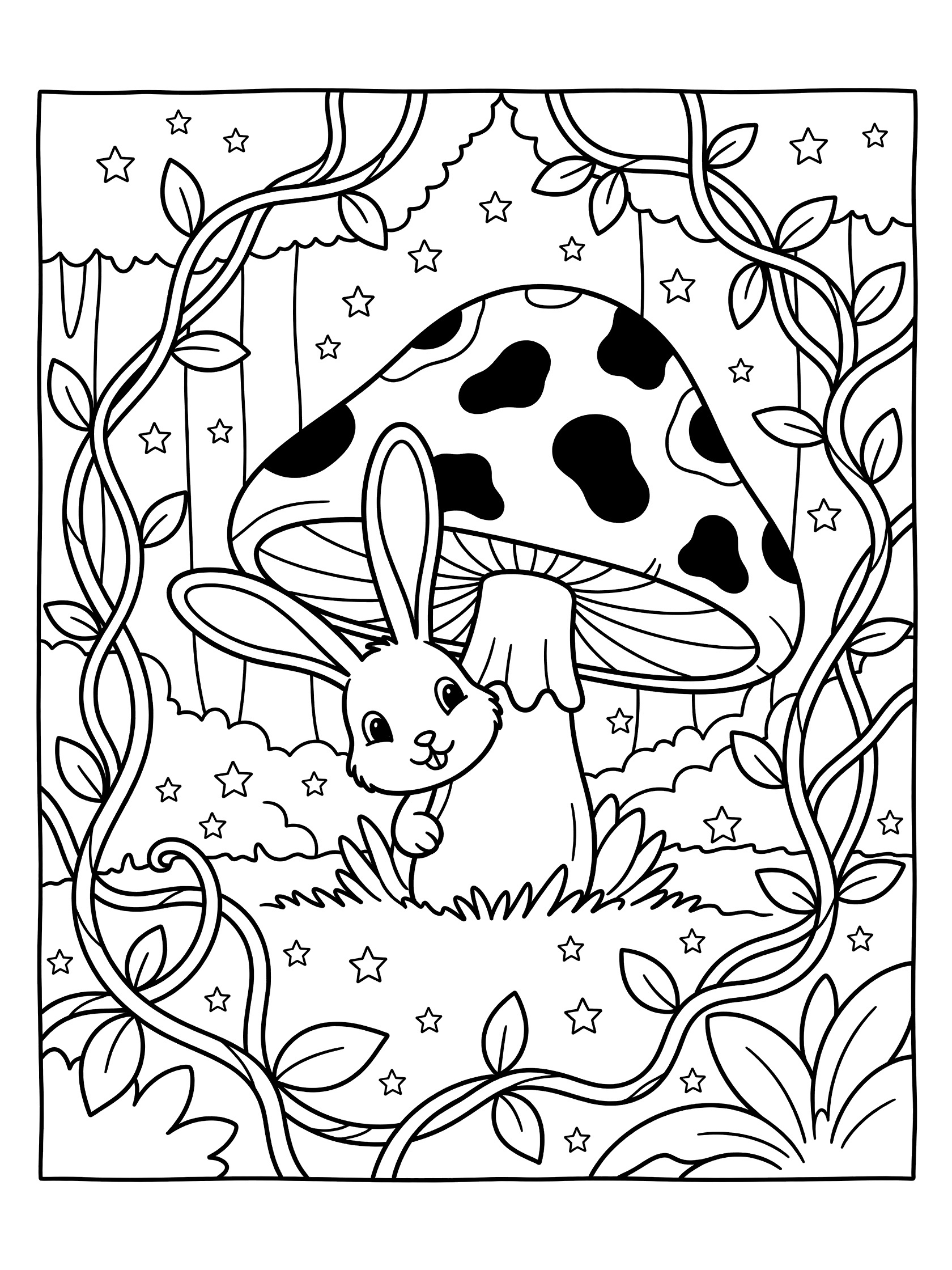 Black and white line art of a rabbit with big ears peeking under a spotted mushroom surrounded by vines, stars, and grass in a forest scene.