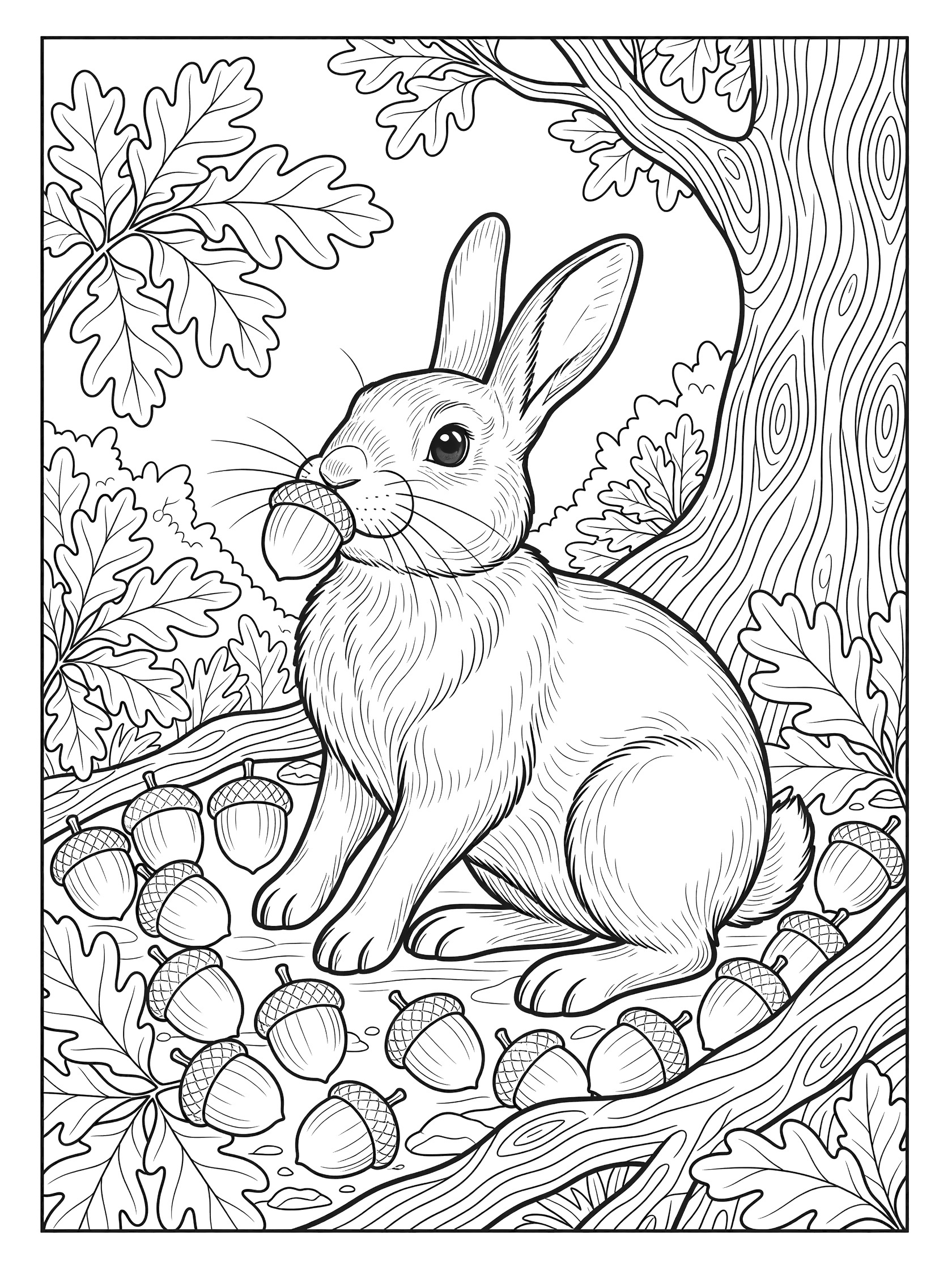 Black and white line art coloring page showing a rabbit sitting with an acorn in its mouth, acorns scattered around, oak leaves, and tree trunk in a forest setting.