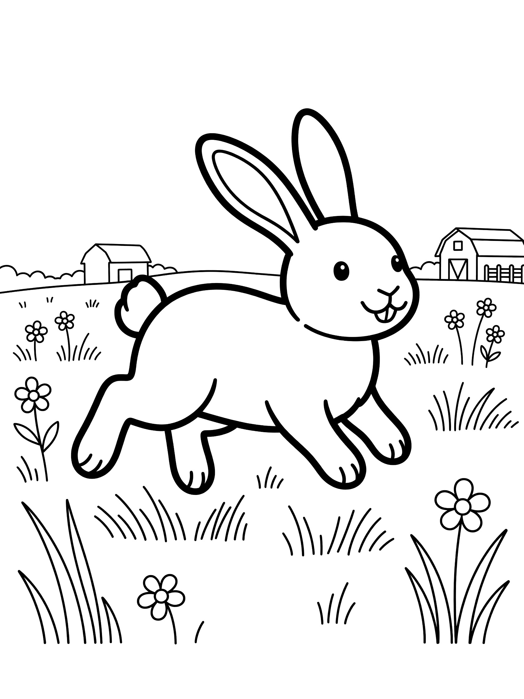 Black and white line art coloring page showing a cute bunny running through grass and flowers in a farm meadow with a barn and house in the background. Rabbits themed black and white printable line art