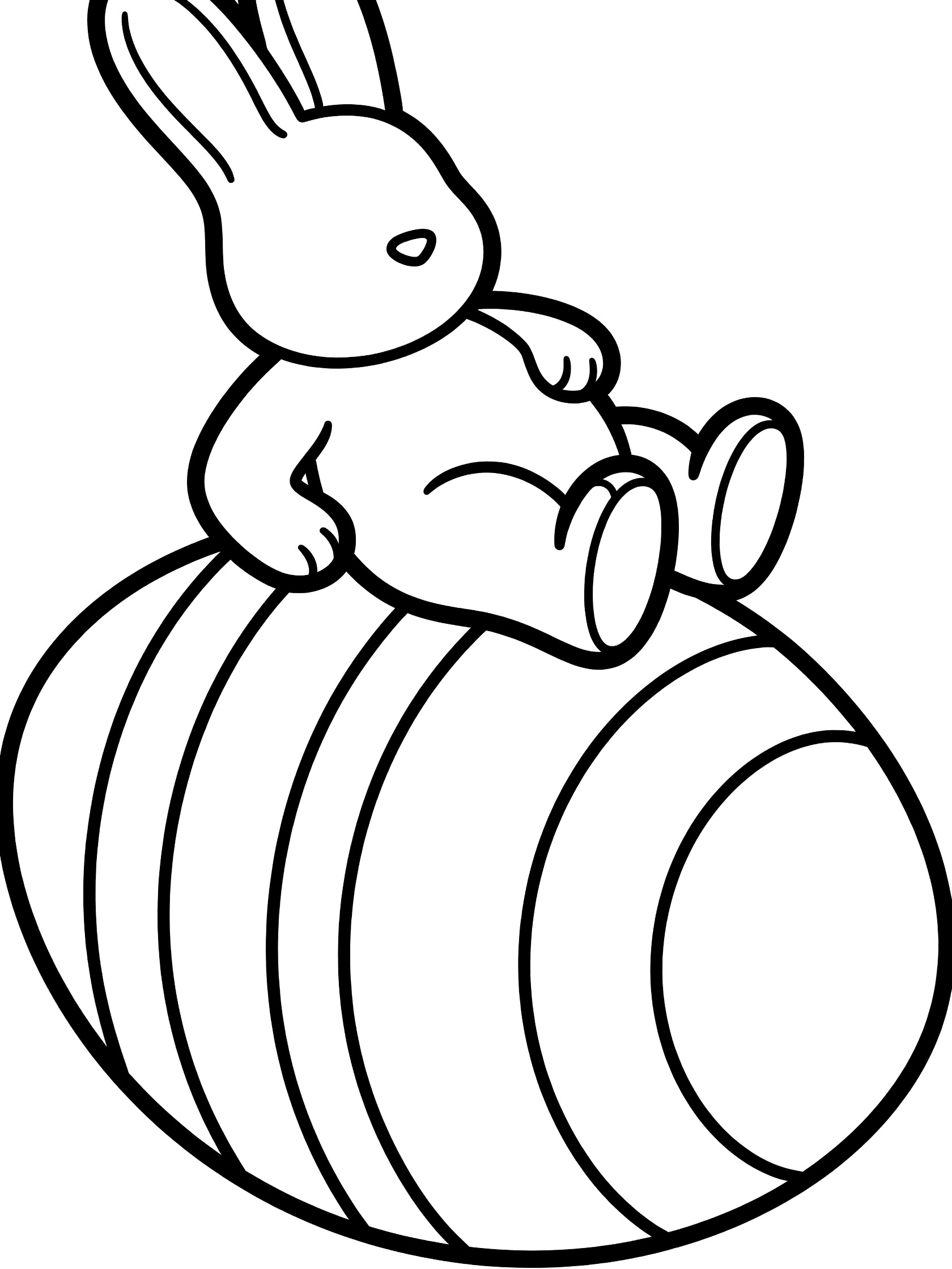 Black and white line art coloring page showing a cute bunny sitting on top of a large striped Easter egg with bold outlines. Easter Chocolate Bunny themed black and white printable line art