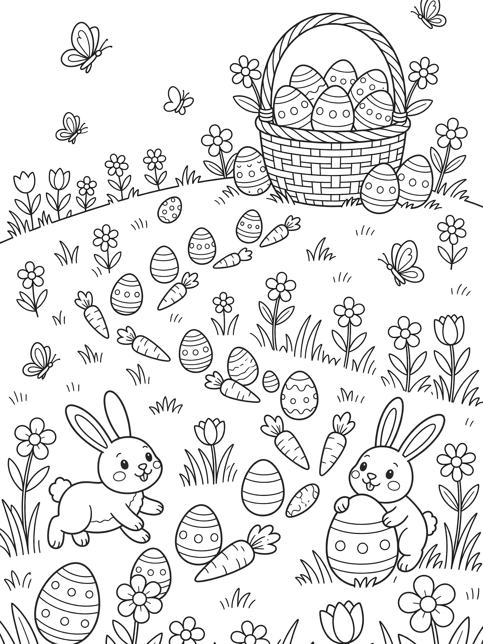 Black and white line art coloring page of two cute bunnies following a winding trail of Easter eggs and carrots through flowers and grass to a big surprise Easter basket on a hill, with butterflies.