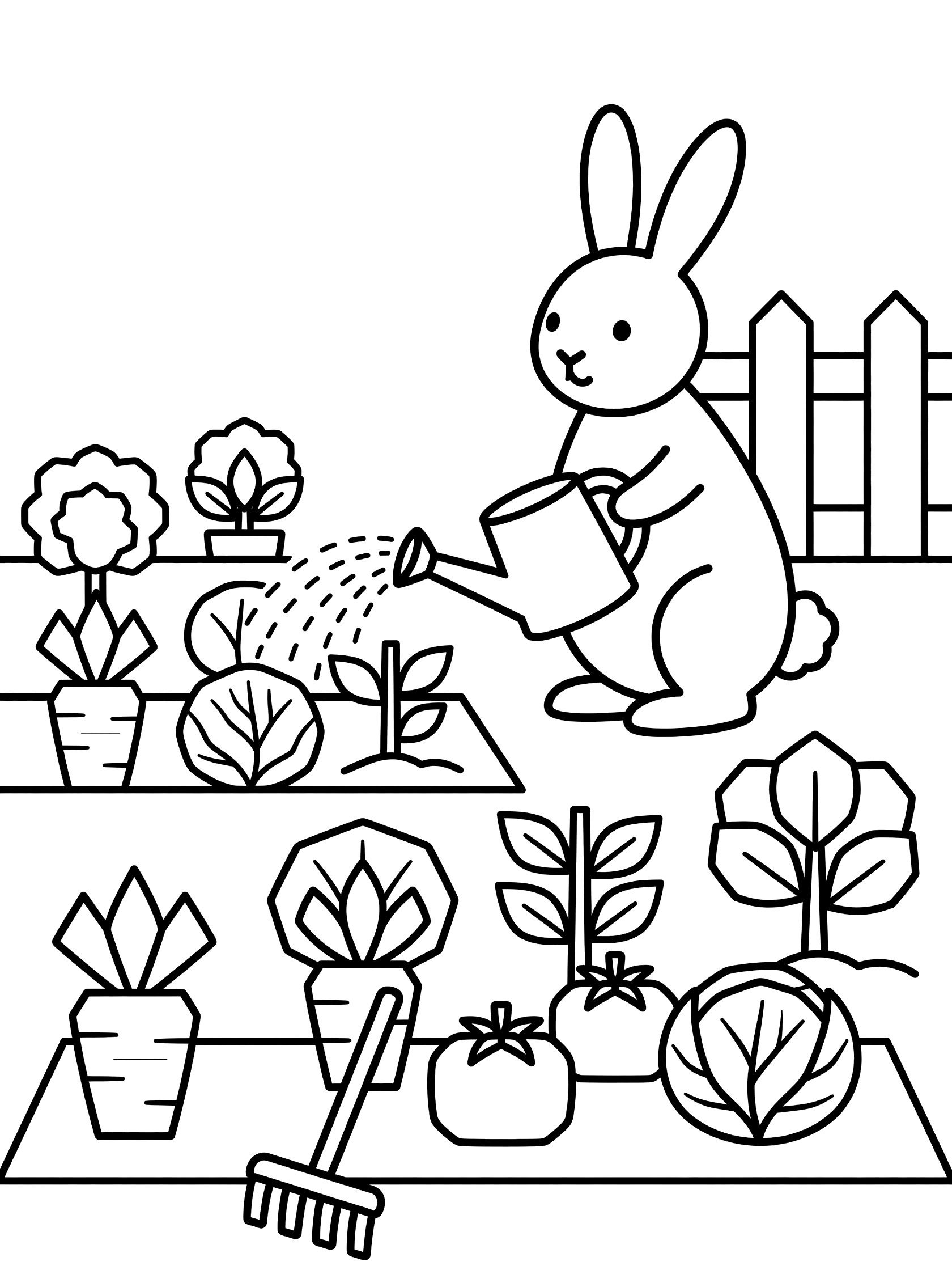 Printable coloring page showing a cute rabbit using a watering can on simple geometric-shaped plants and vegetables in a farm garden plot.