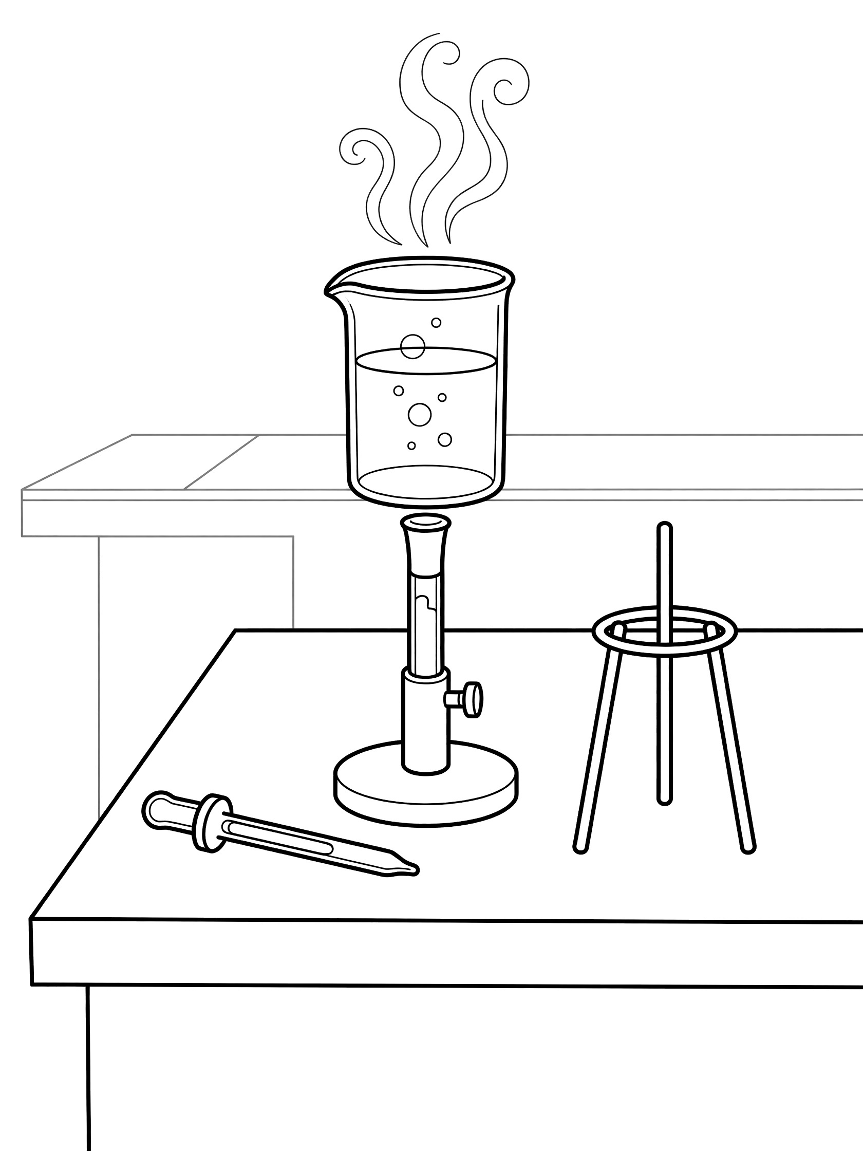 Black and white line art of Bunsen burner under bubbling beaker with steam, pipette, and flask stand on chemistry station.