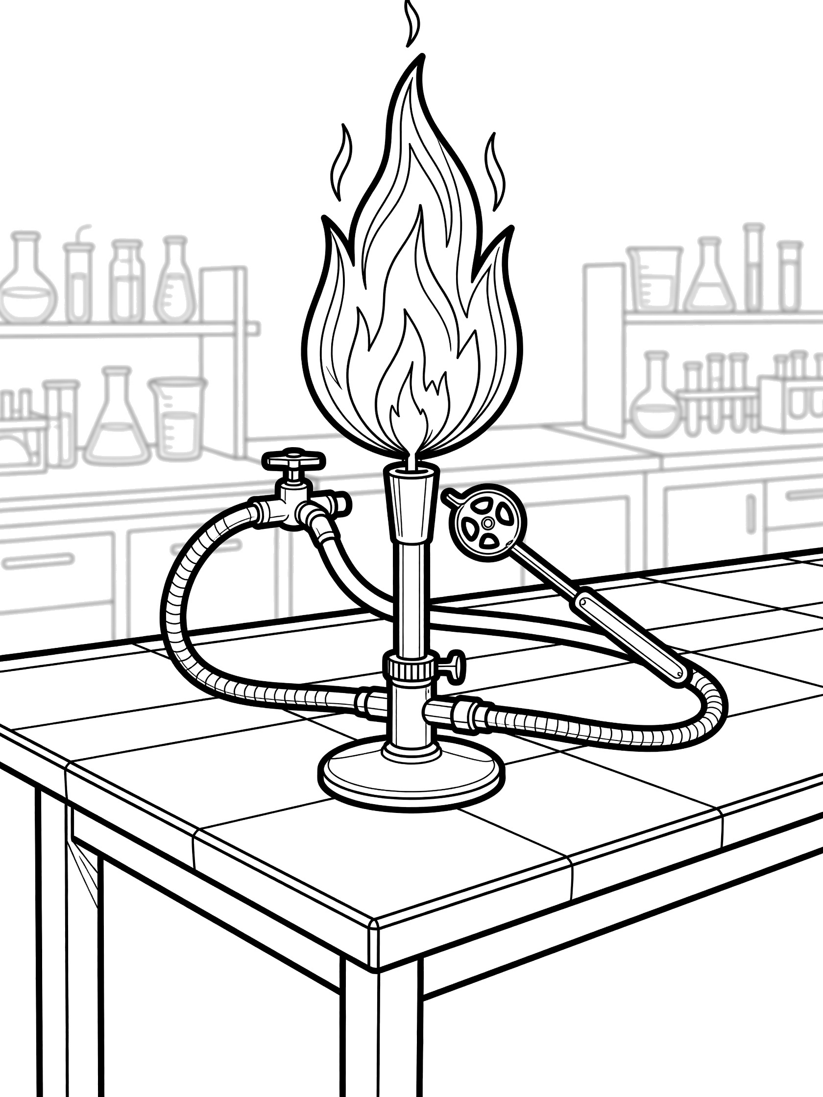 Black and white line art coloring page showing a Bunsen burner with growing flame ignited by striker on metal lab table, gas hose and collar visible.