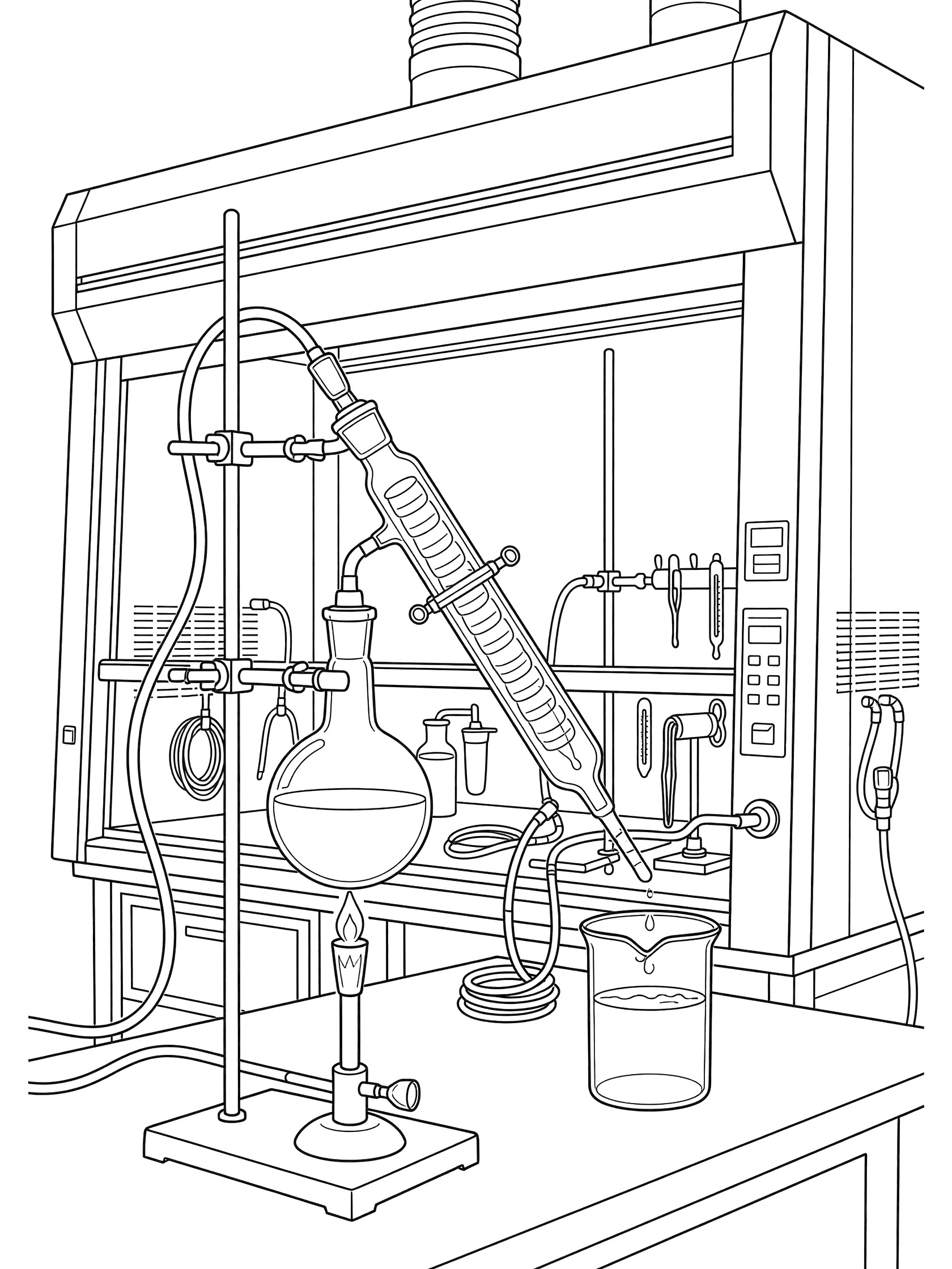 Black and white line art of a Bunsen burner heating a flask connected to a condenser for distillation in a lab fume hood, with tubes and beaker.