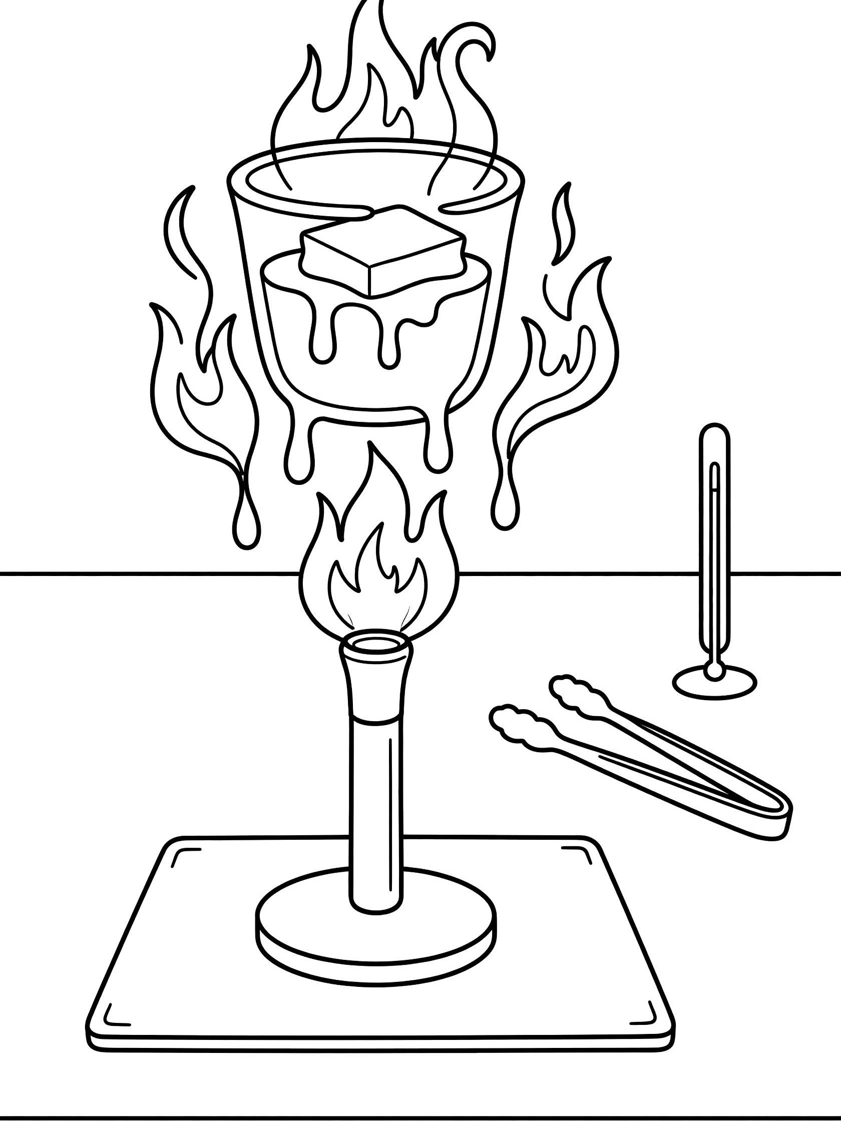 Black and white line art coloring page showing a Bunsen burner with blue flame under a crucible melting a cube into liquid on a heatproof mat, with tongs and thermometer nearby.