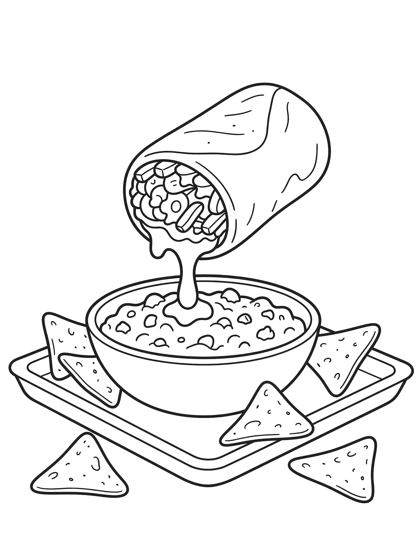 Line art coloring page showing a burrito hovering over a bowl of salsa with a sauce drip, tortilla chips on a tray