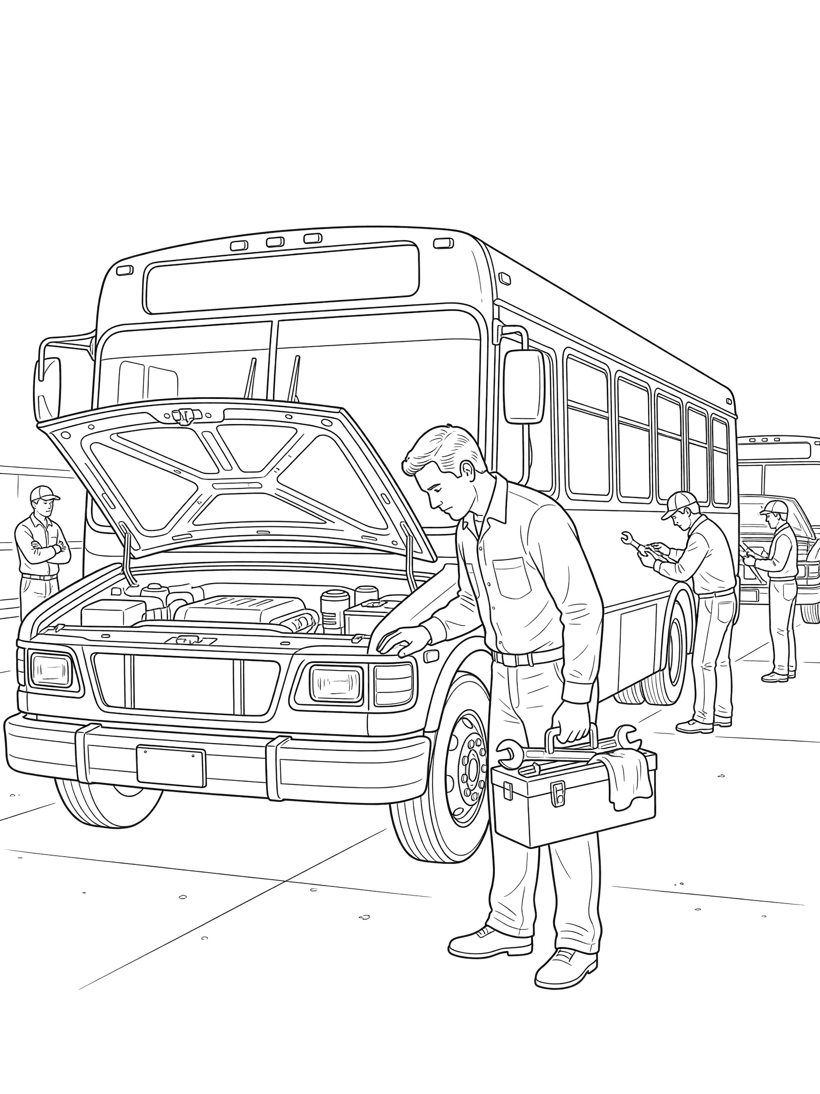 Black and white line art of a bus driver bent over checking the open engine hood of a parked transit bus at a sunny depot, holding toolbox with wrench and rag, other workers in background.