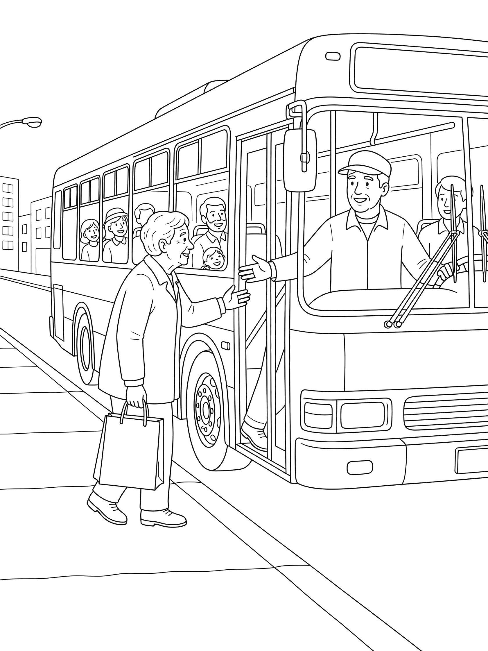 Black and white line art coloring page showing a bus driver extending a hand to help an elderly passenger with shopping bag step onto a city transit bus on a busy sidewalk.