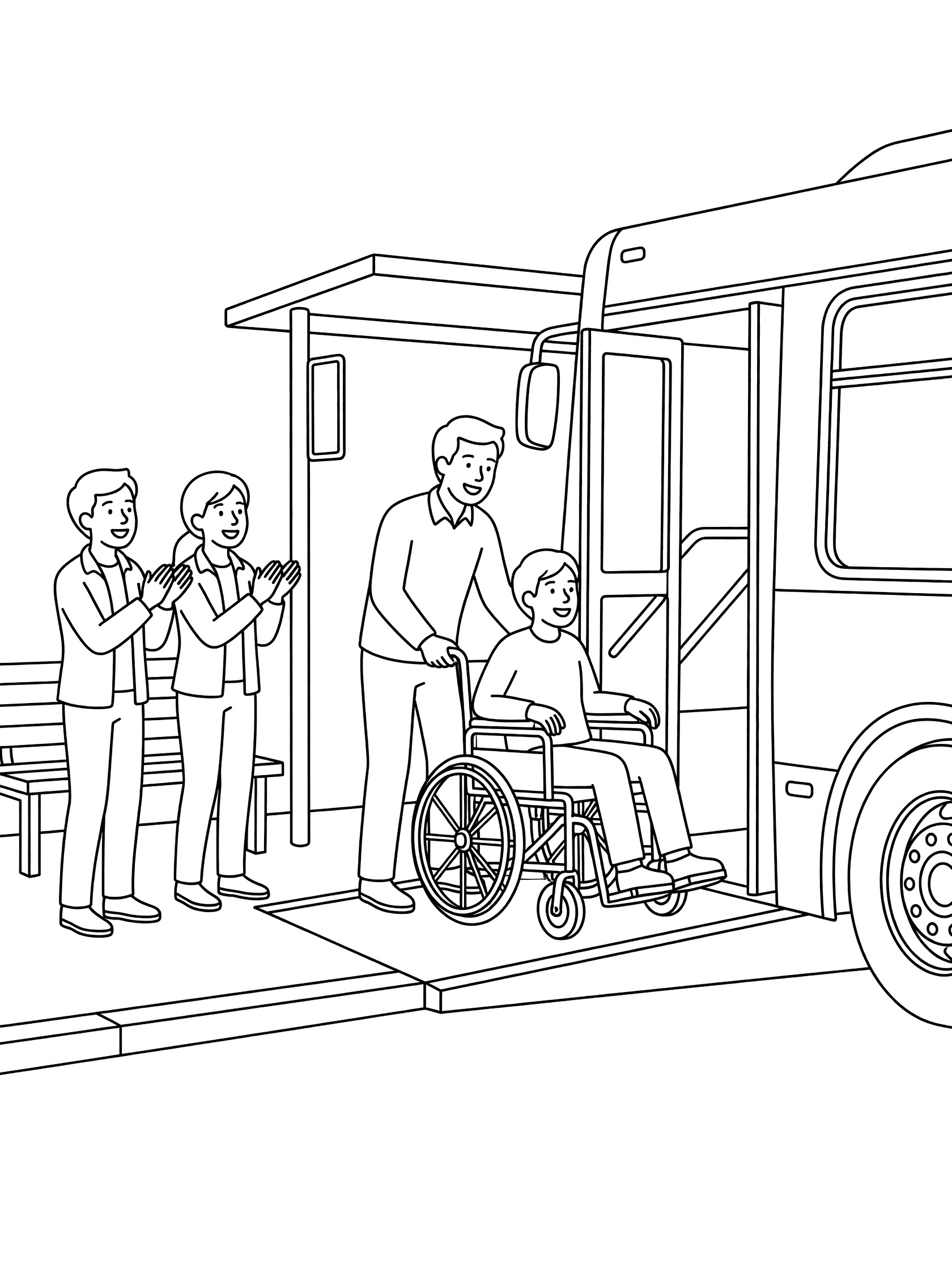 Black and white line art coloring page showing a bus driver helping a wheelchair passenger board an accessible bus at a bus stop with supportive friends clapping.