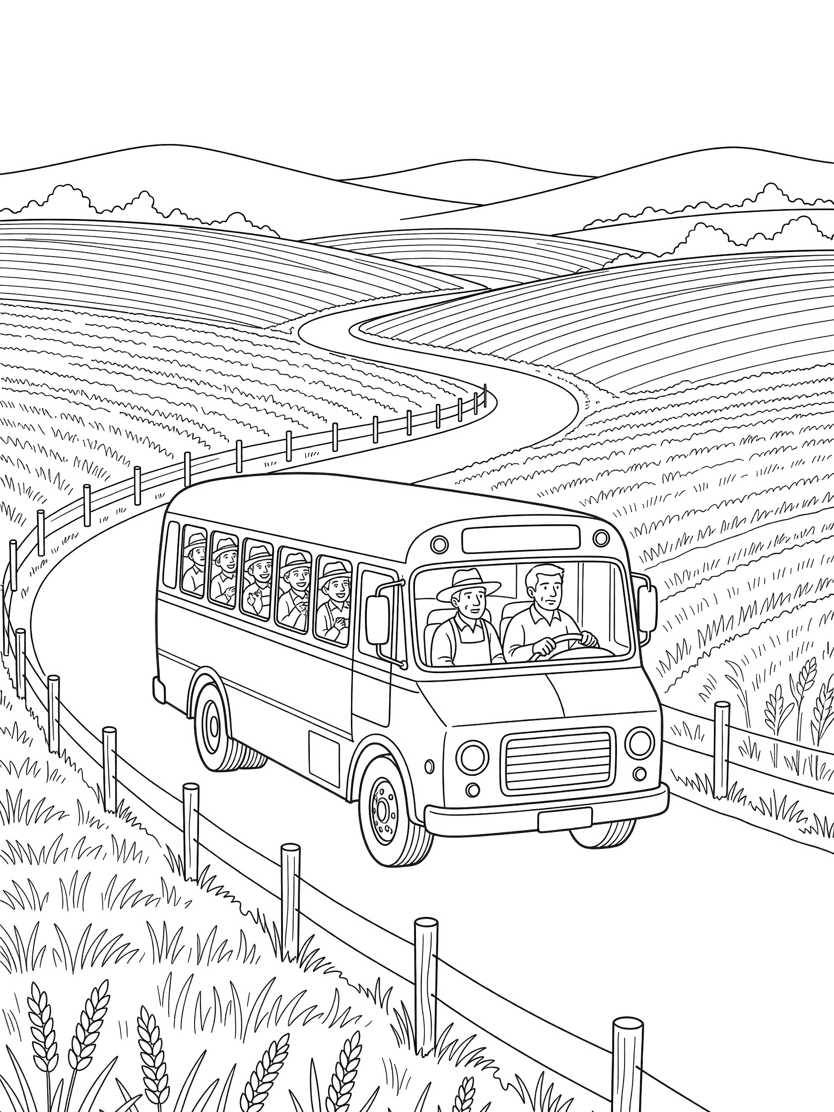 Black and white line art of a bus driver navigating a yellow school bus on a curvy rural road surrounded by fields, fences, trees, and hills with passengers looking out windows.