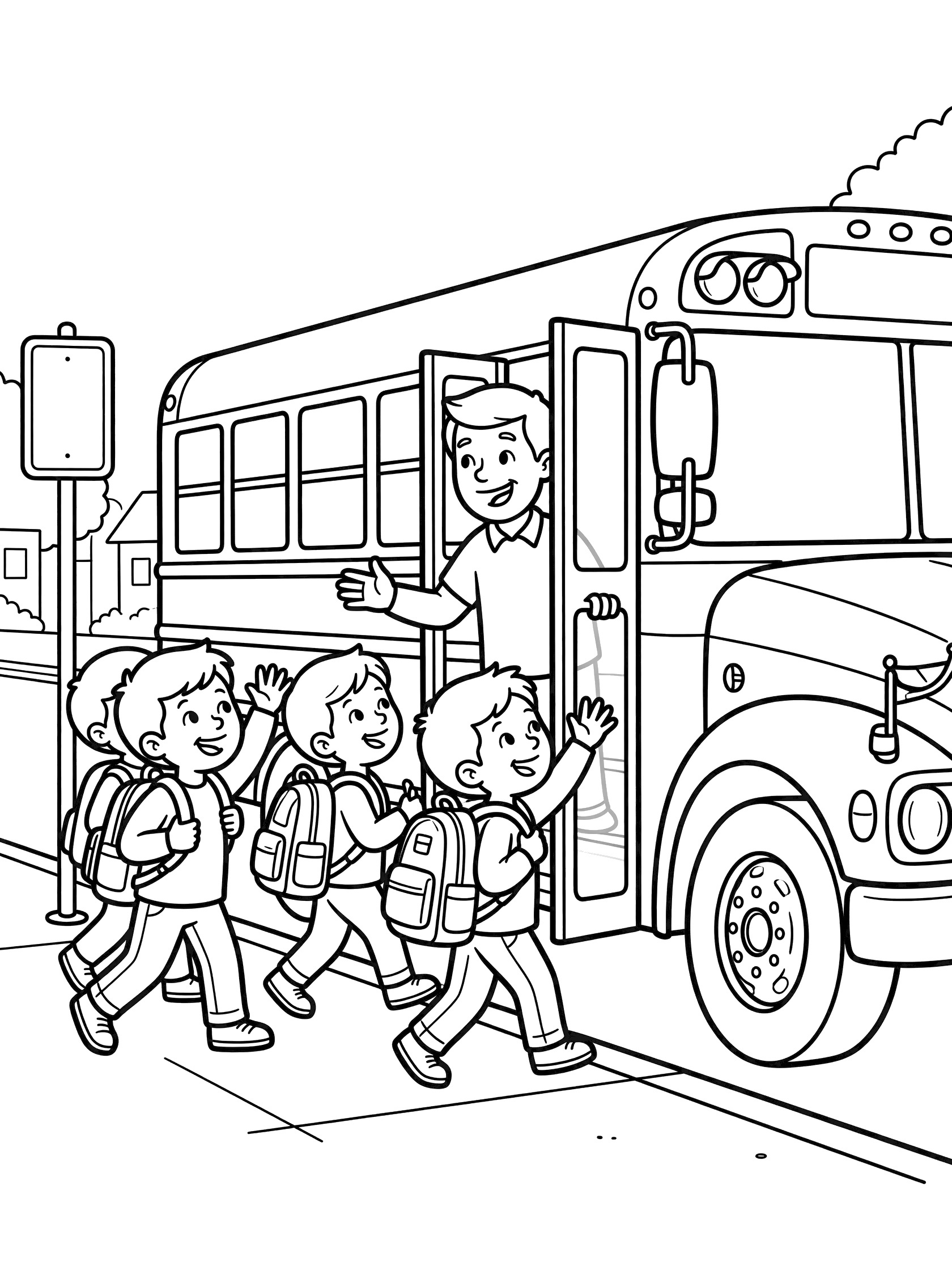Black and white line art of a bus driver welcoming children boarding a yellow school bus at neighborhood stop, kids waving with backpacks