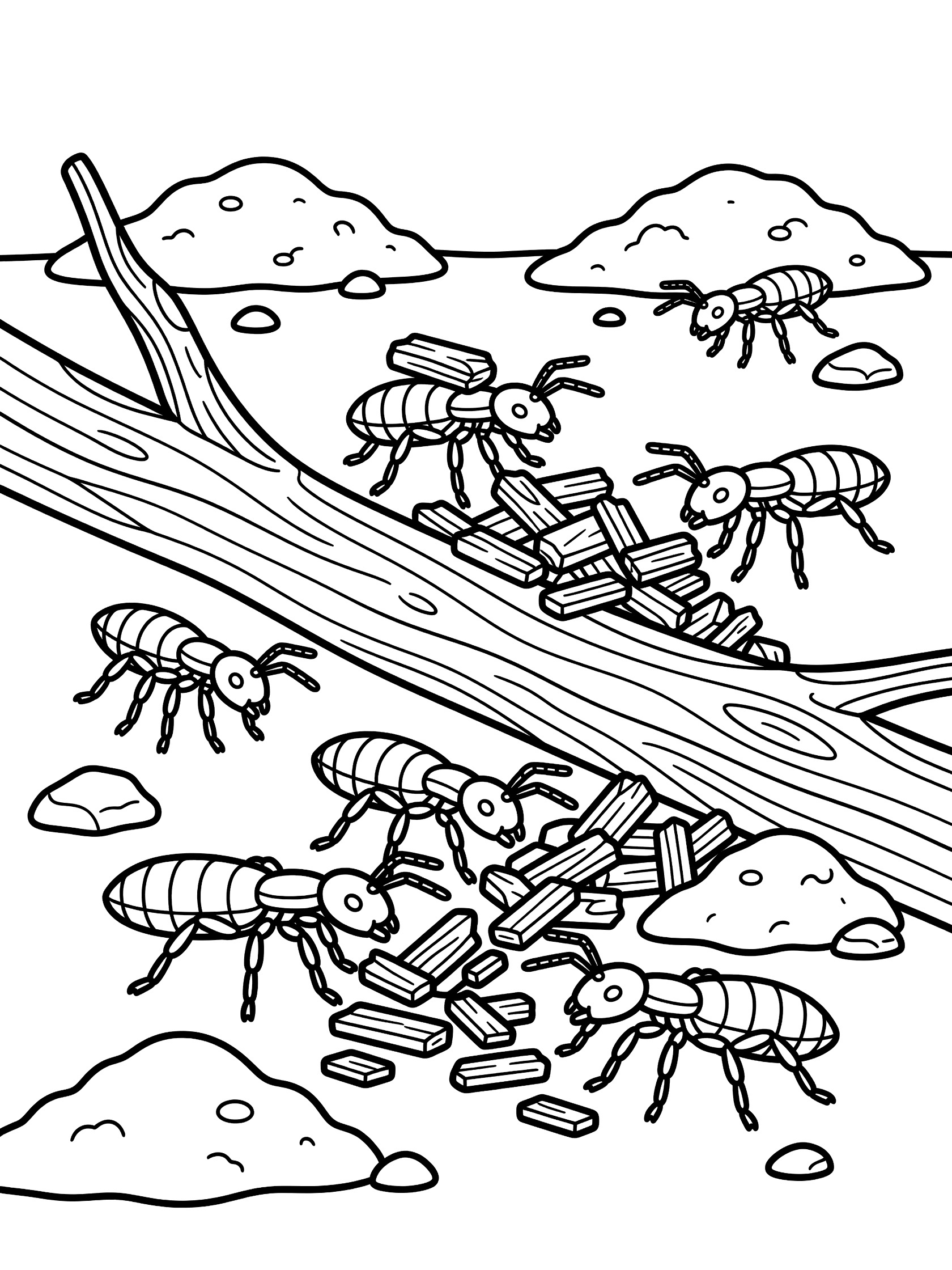 Black and white line art coloring page showing several ants on a fallen log, piling up wood chips, with rocks and dirt mounds around. Termite themed black and white printable line art