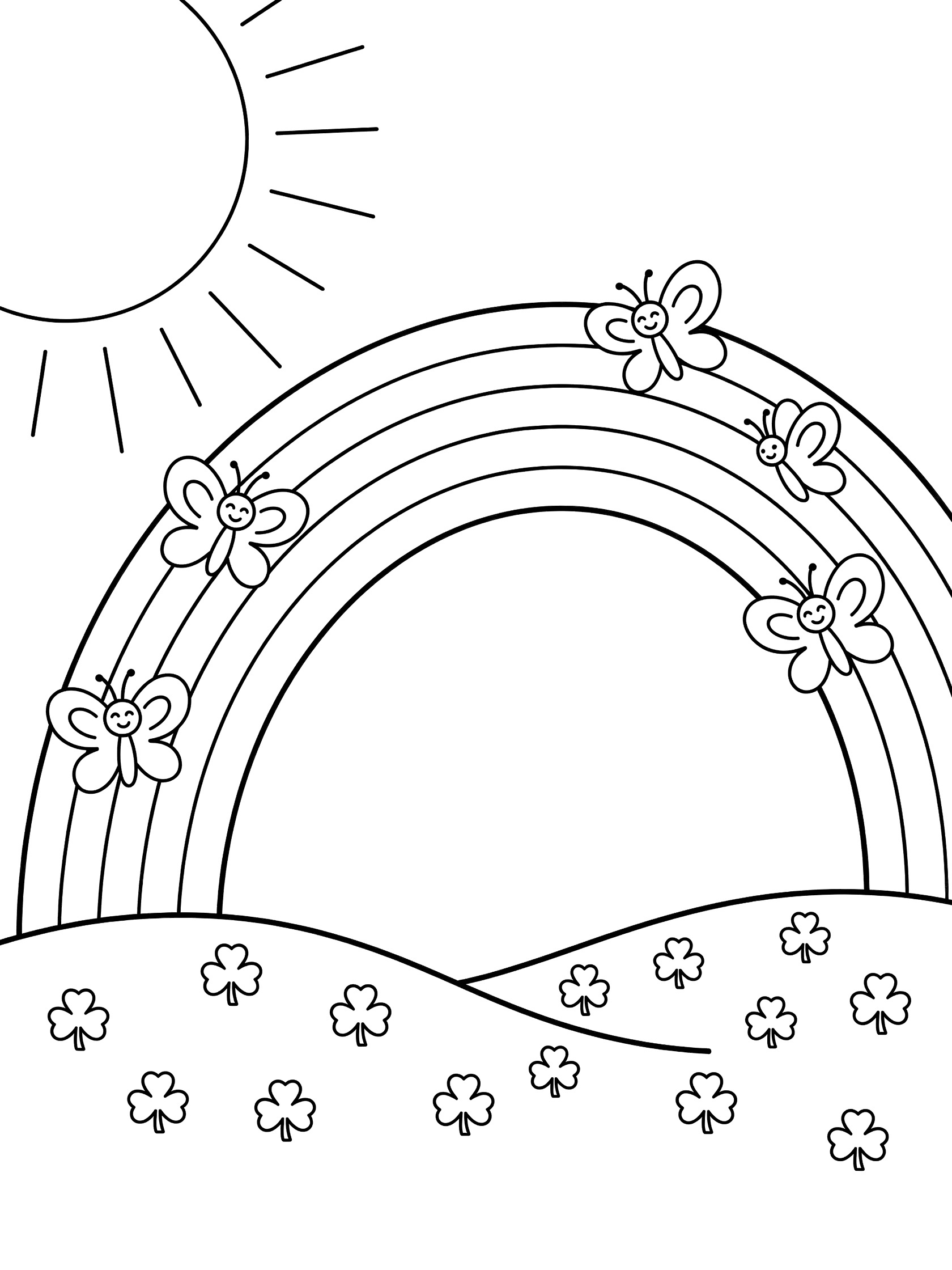 Line art coloring page showing a large rainbow arched across the sky with cartoon butterflies flying along it, a sun above, and green hill with shamrocks below.