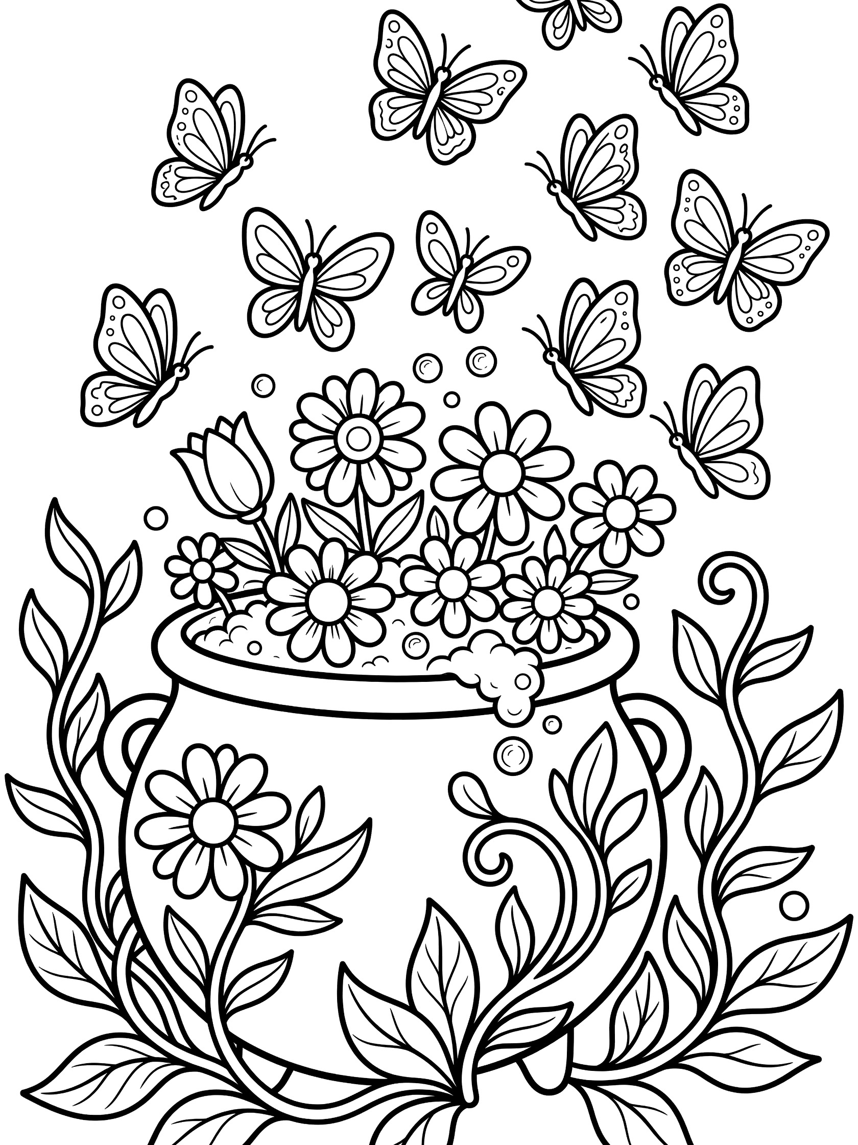Black and white line art coloring page showing a round cauldron filled with flowers and bubbles, butterflies flying out, surrounded by twisty vines and leaves.