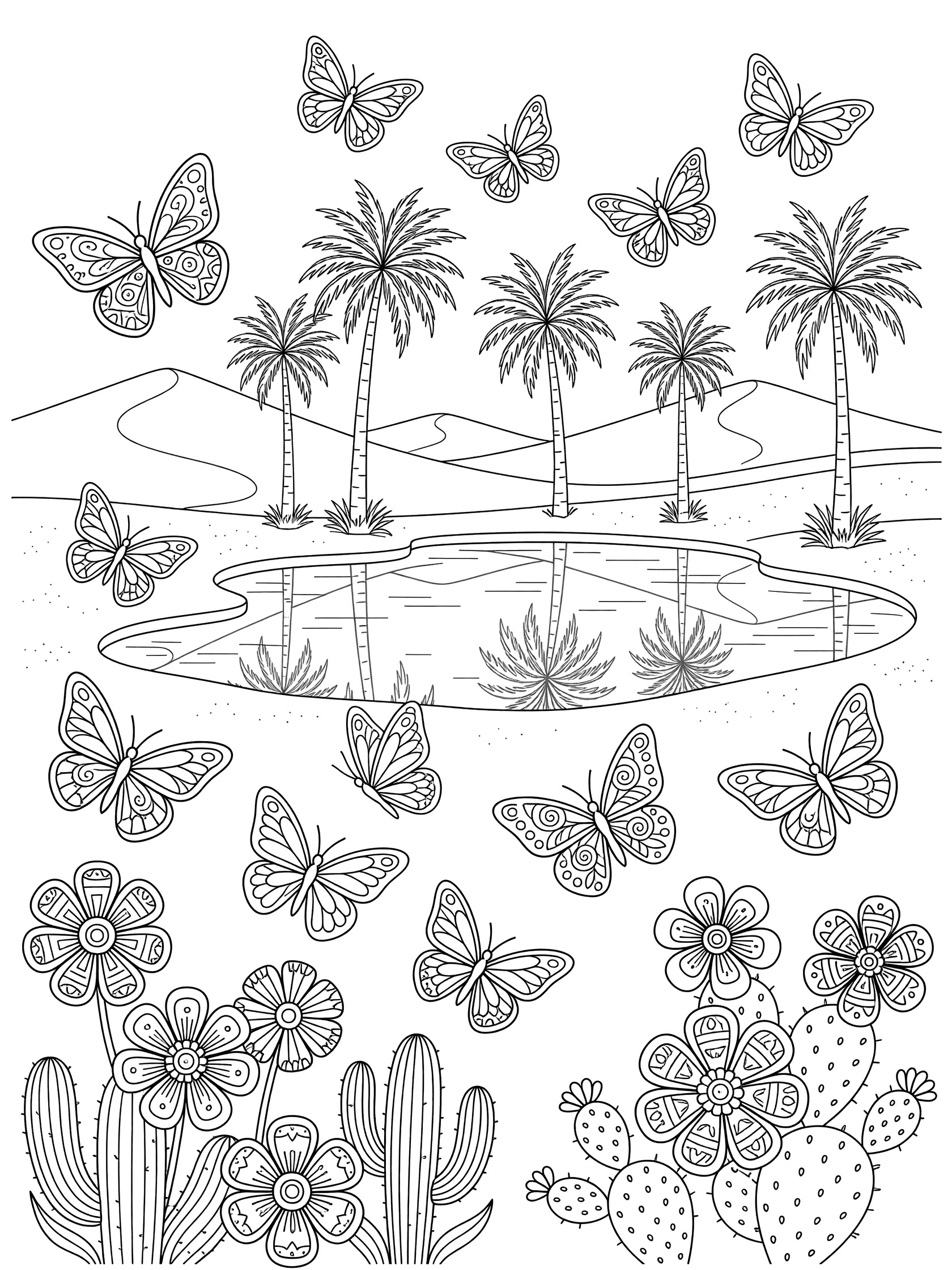 Black and white line art coloring page showing a desert oasis with a pool reflecting palm trees, sand dunes, cacti, blooming flowers, and colorful butterflies flying around.